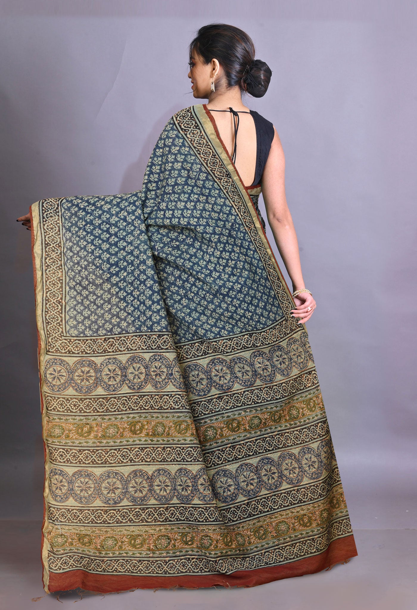 Blue Pure Bagru Printed Pashmina Sico Saree