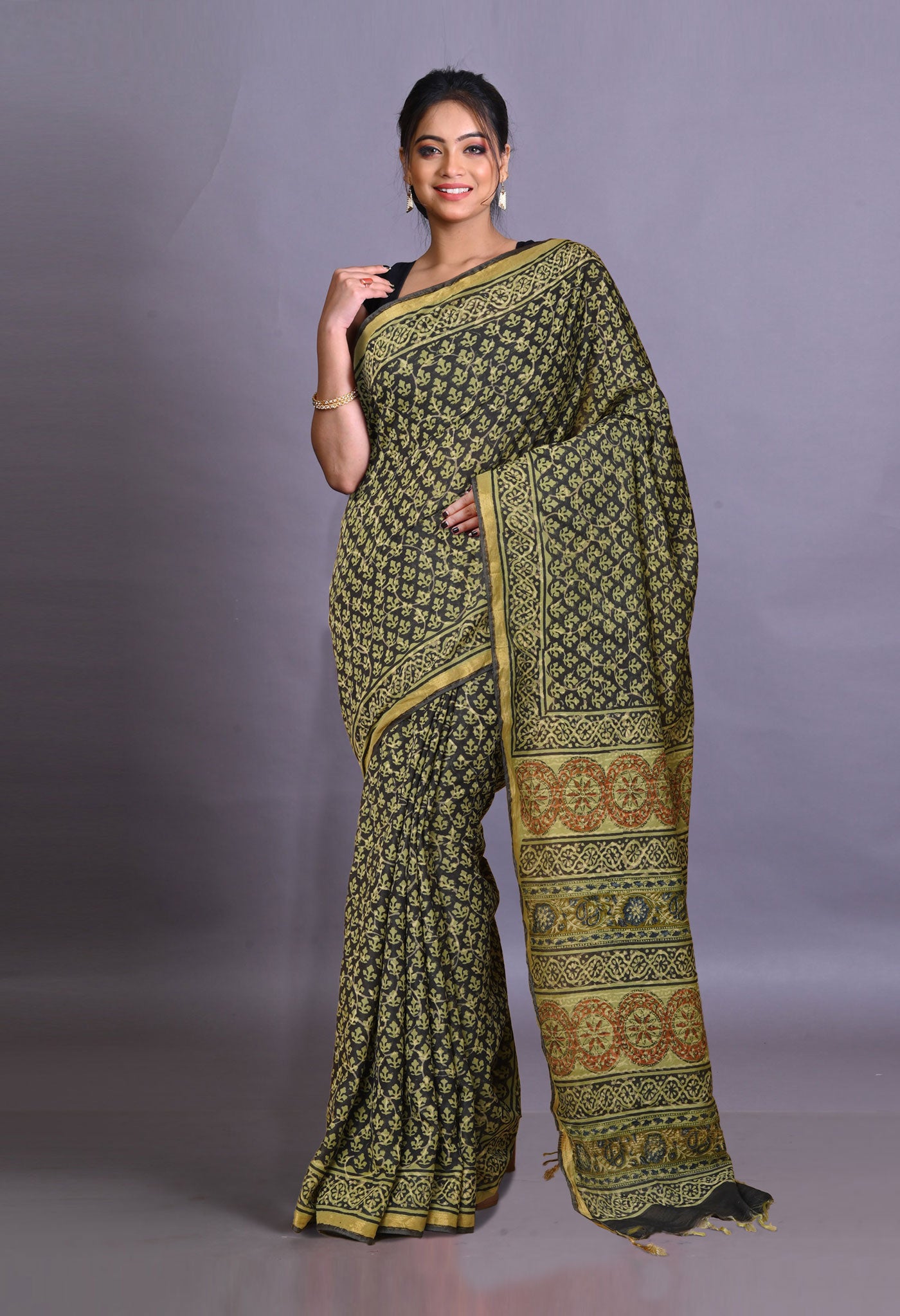 Black-Green Pure Bagru Printed Pashmina Sico Saree-UNM79300