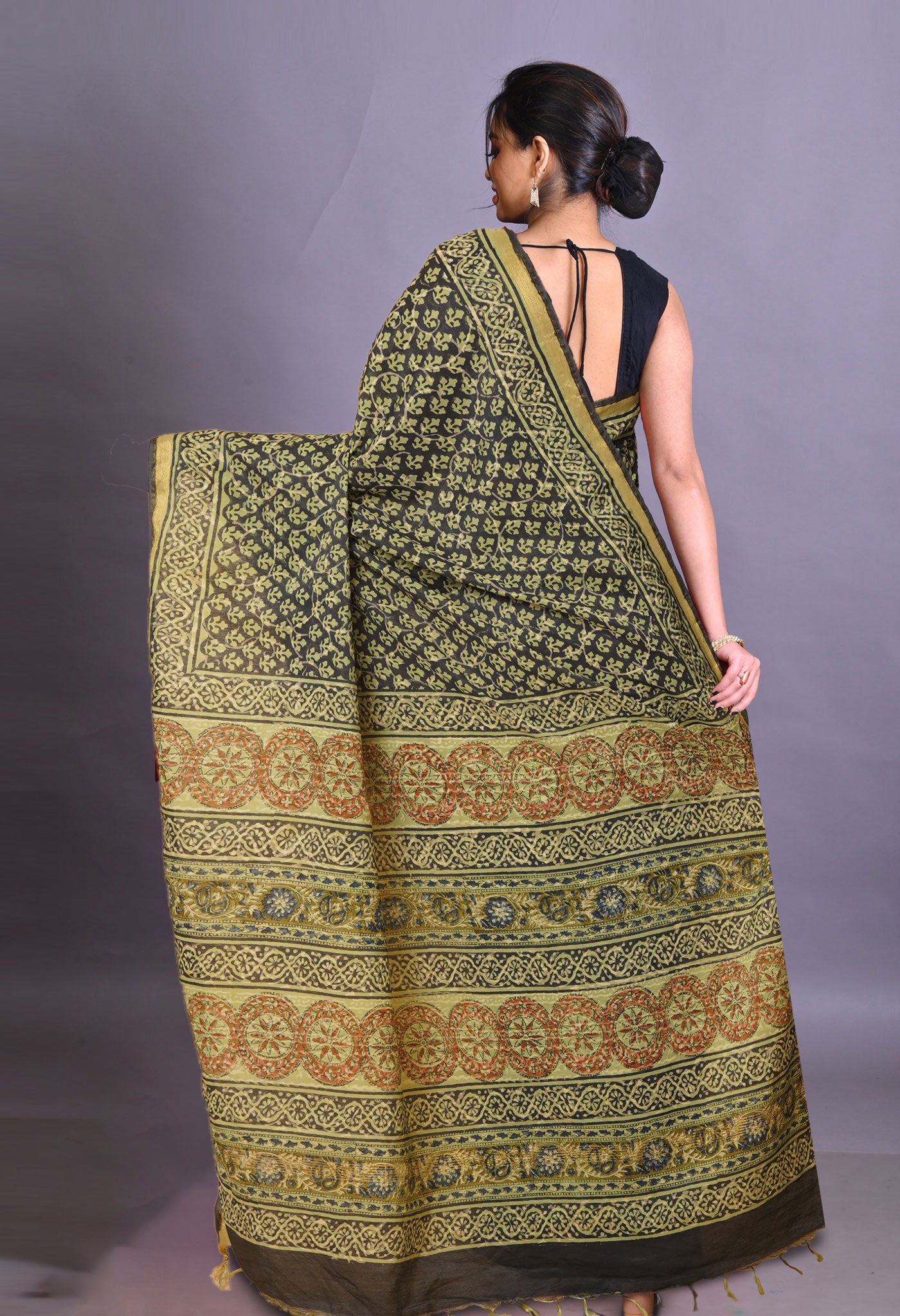 Black-Green Pure Bagru Printed Pashmina Sico Saree-UNM79300