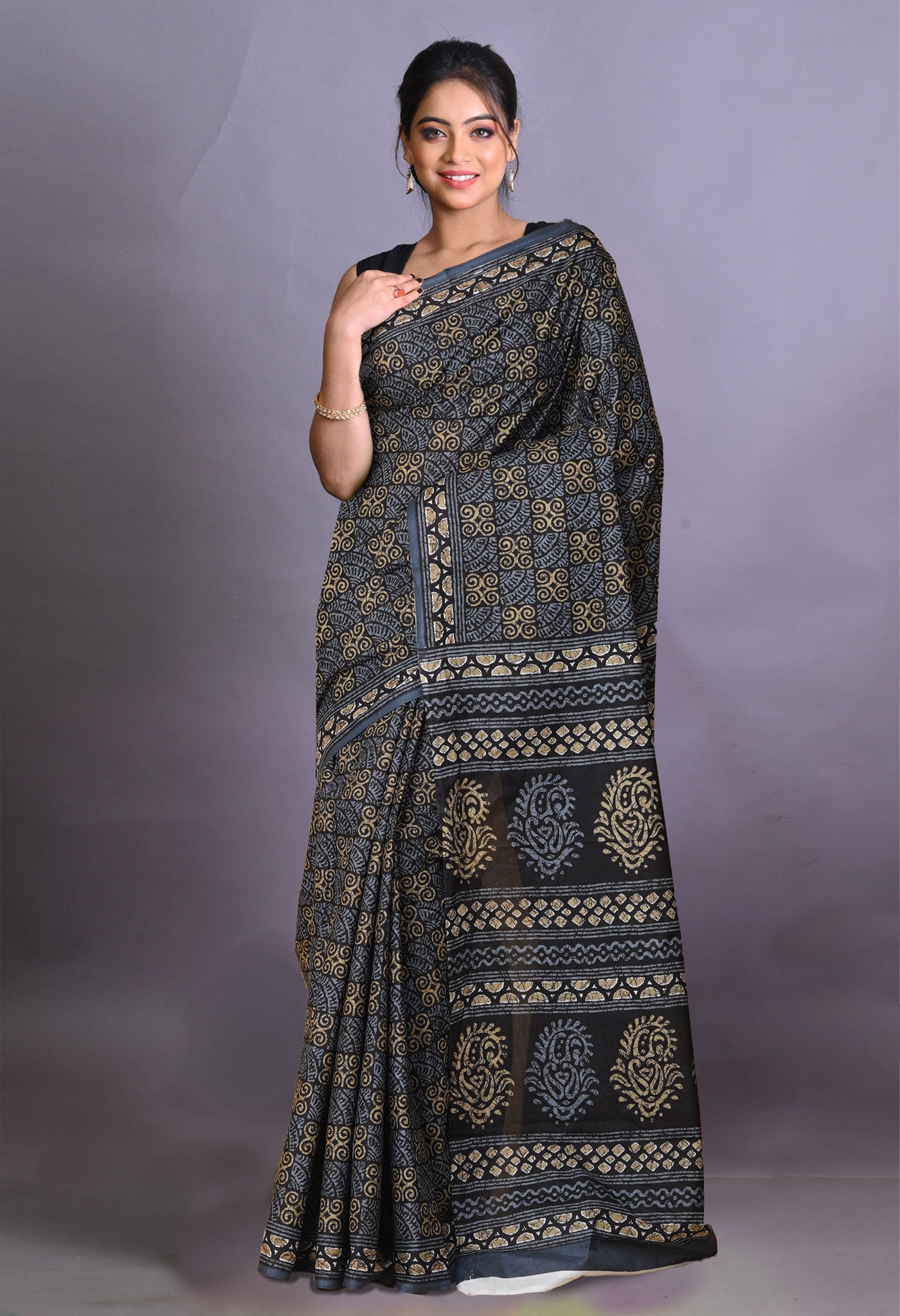 Black-Grey Pure Hand Block Printed Soft Cotton Saree