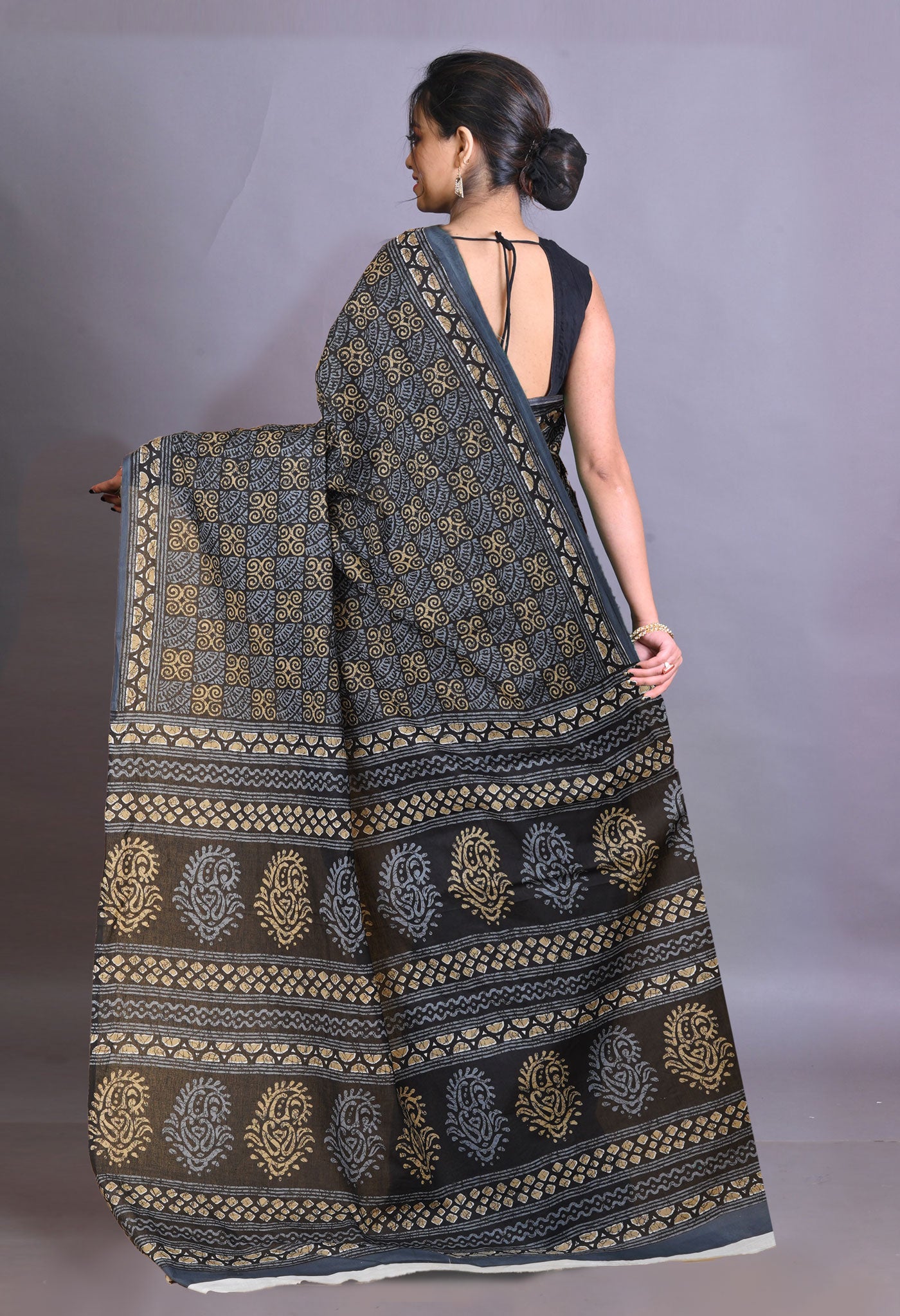 Black-Grey Pure Hand Block Printed Soft Cotton Saree-UNM79333