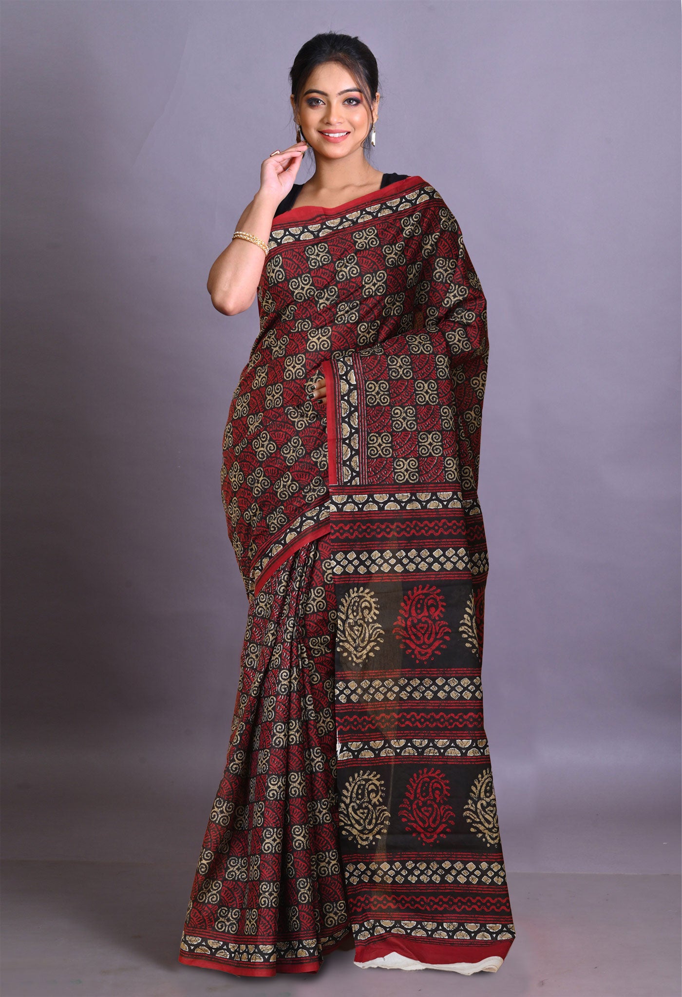 Black-Red Pure Hand Block Printed Soft Cotton Saree