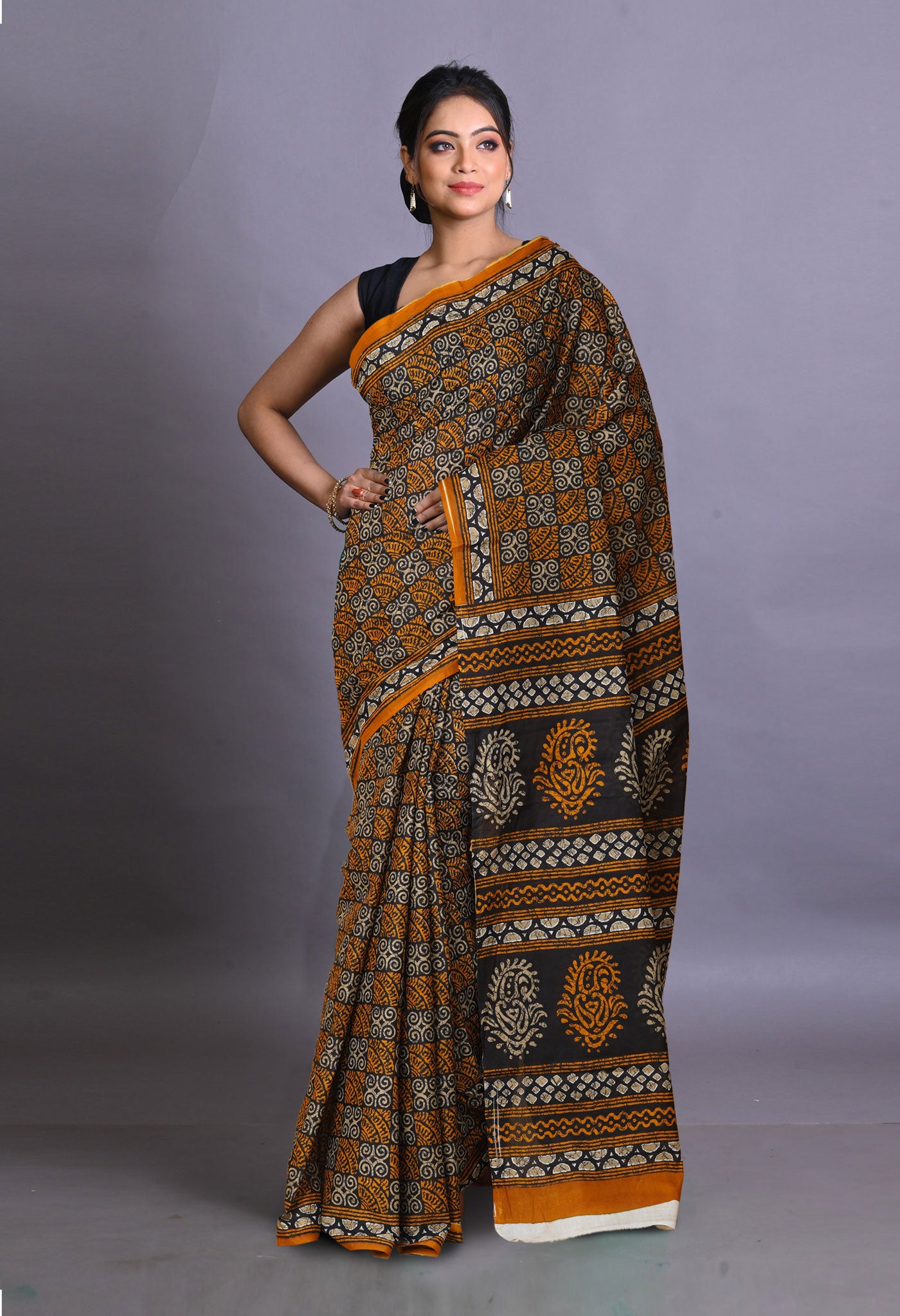 Black-Yellow Pure Hand Block Printed Soft Cotton Saree