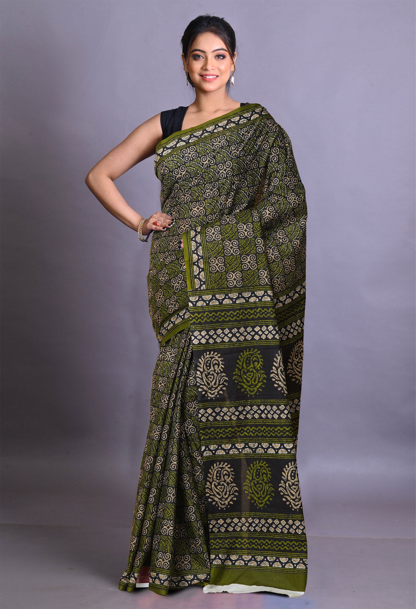 Black-Green Pure Hand Block Printed Soft Cotton Saree