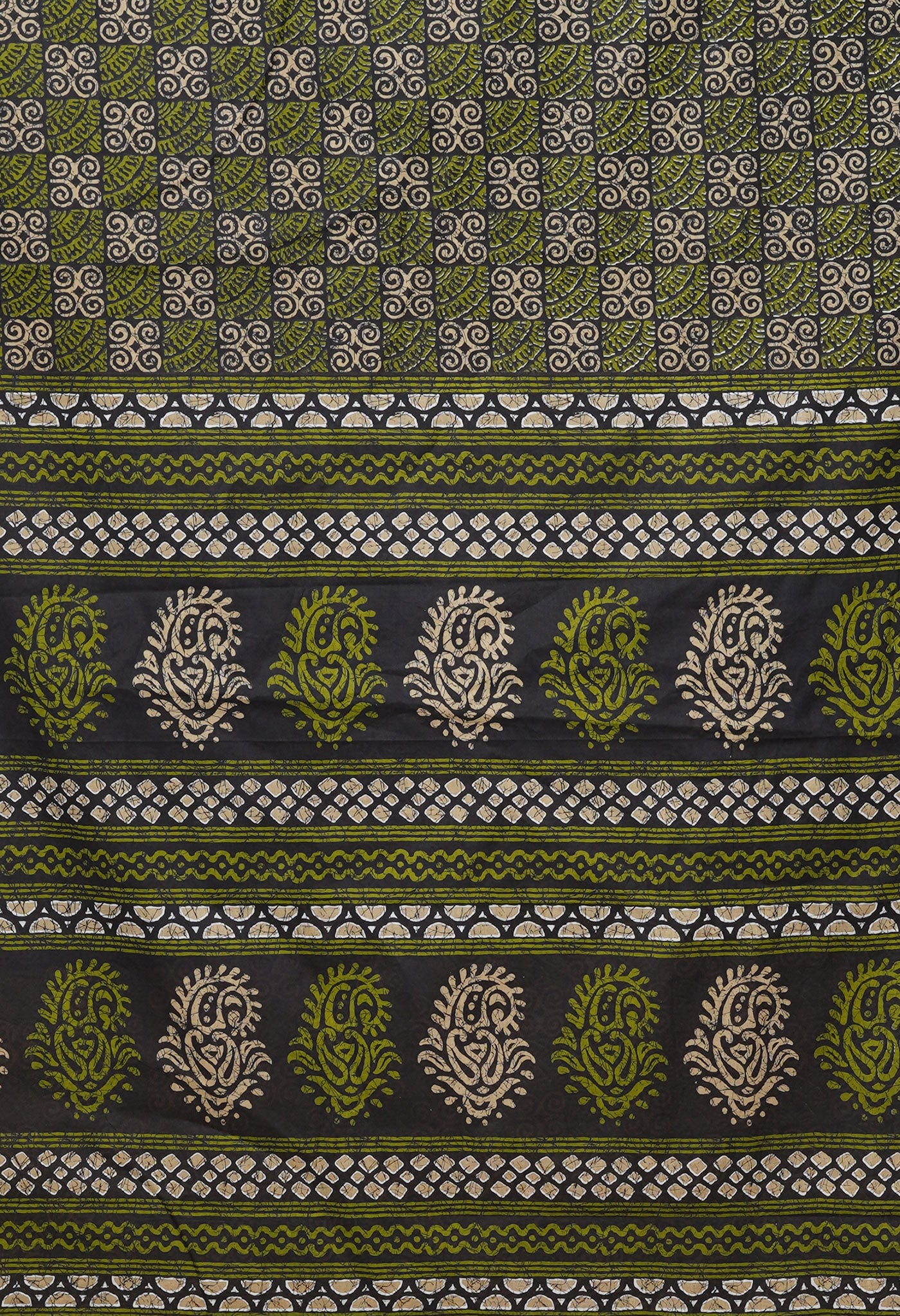 Black-Green Pure Hand Block Printed Soft Cotton Saree