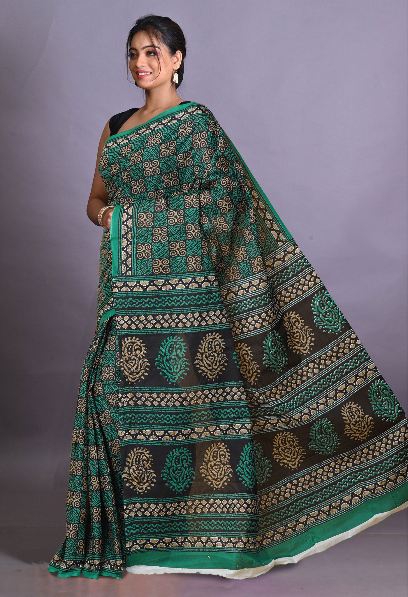 Black-Green Pure Hand Block Printed Soft Cotton Saree