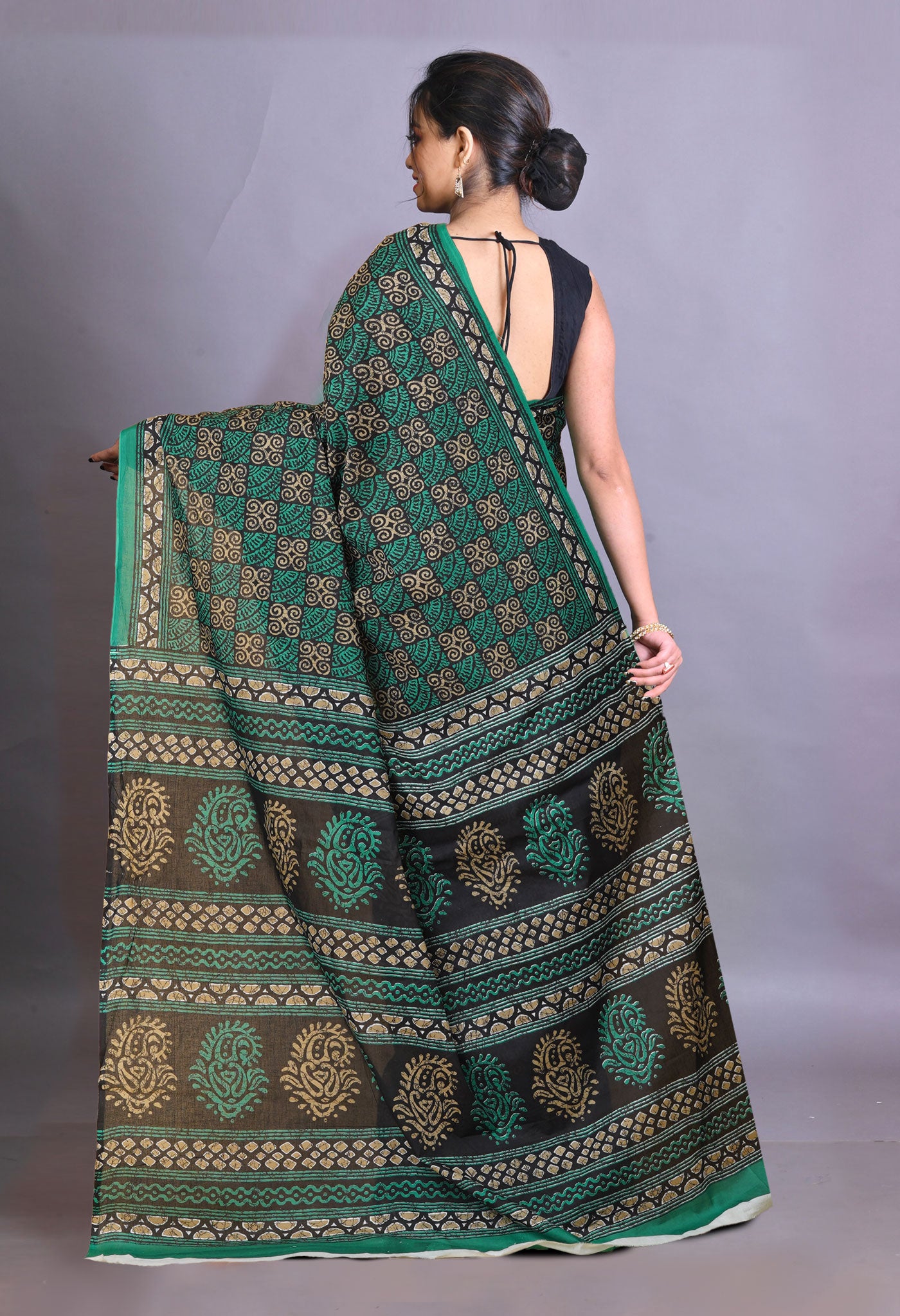 Black-Green Pure Hand Block Printed Soft Cotton Saree-UNM79337