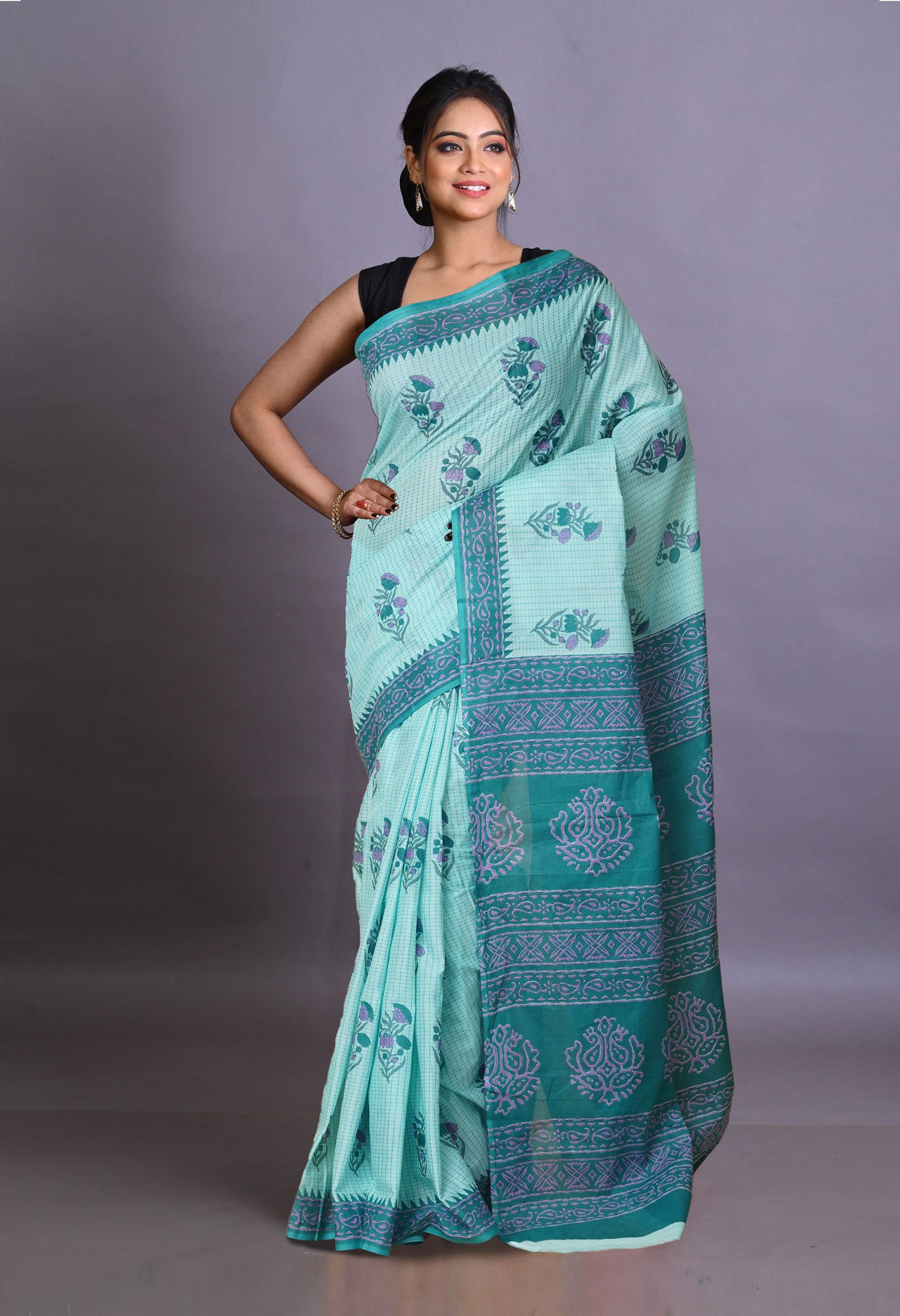 Green Pure Hand Block Printed Soft Cotton Saree-UNM79338