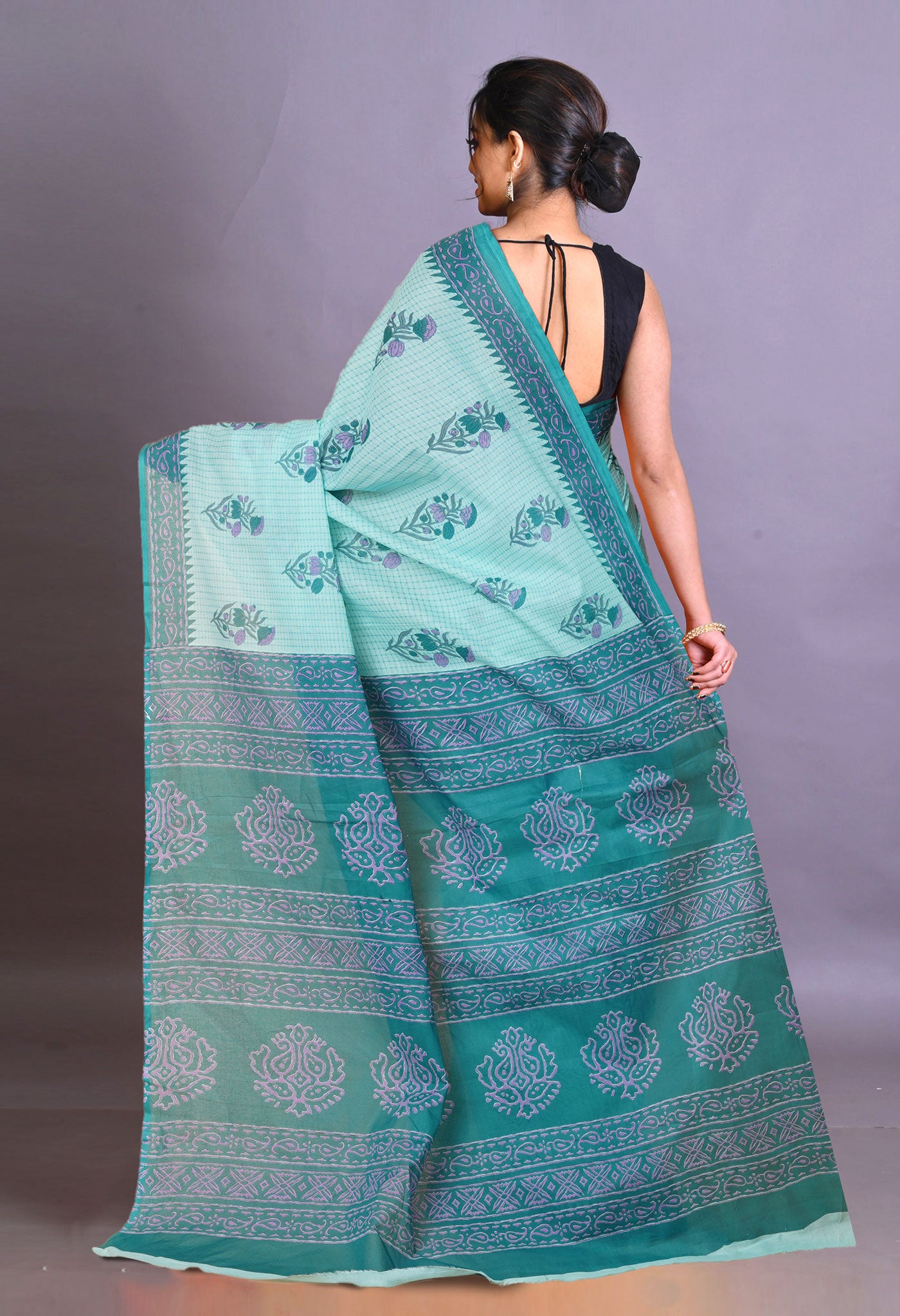 Green Pure Hand Block Printed Soft Cotton Saree-UNM79338