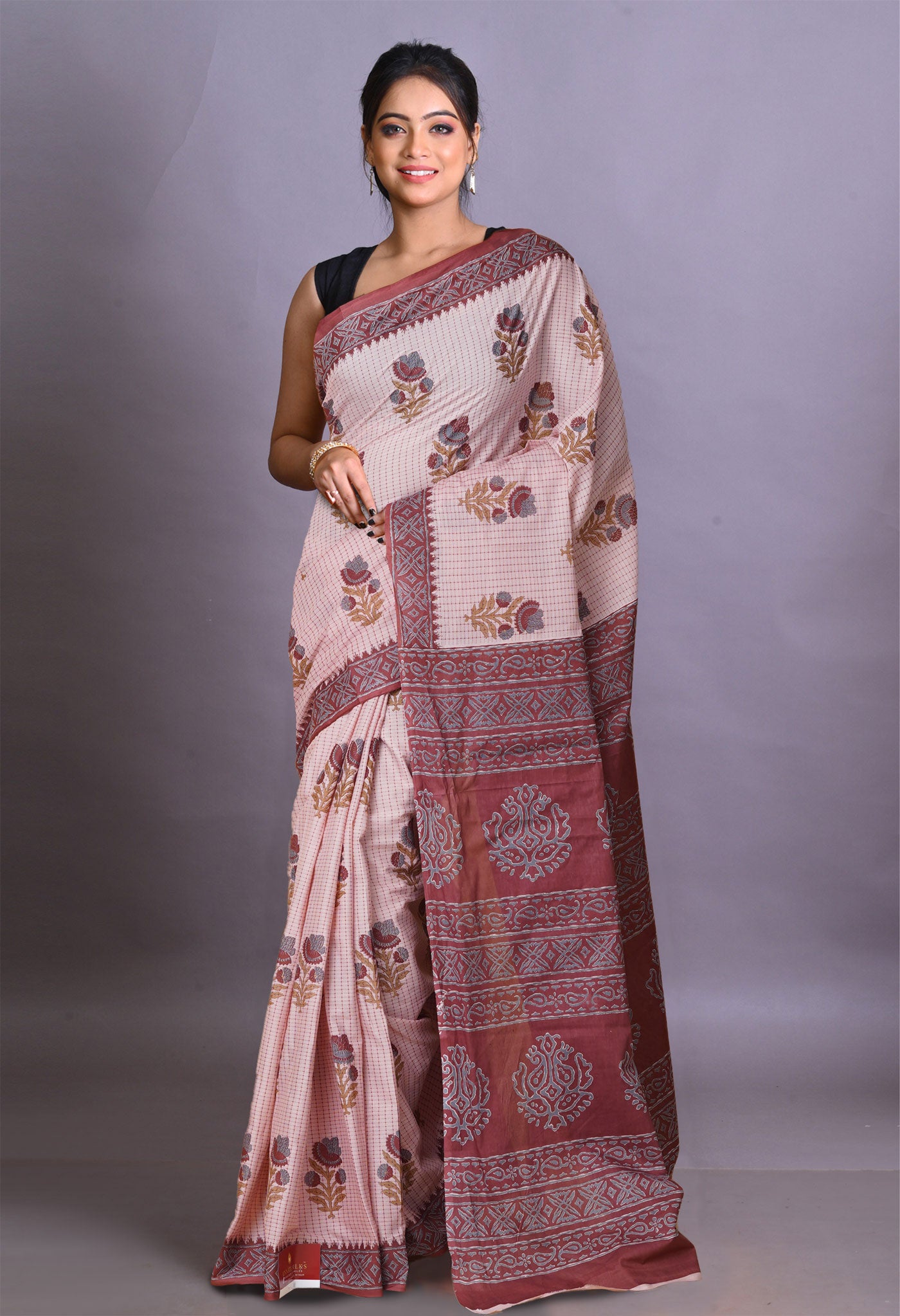 Pink Pure Hand Block Printed Soft Cotton Saree