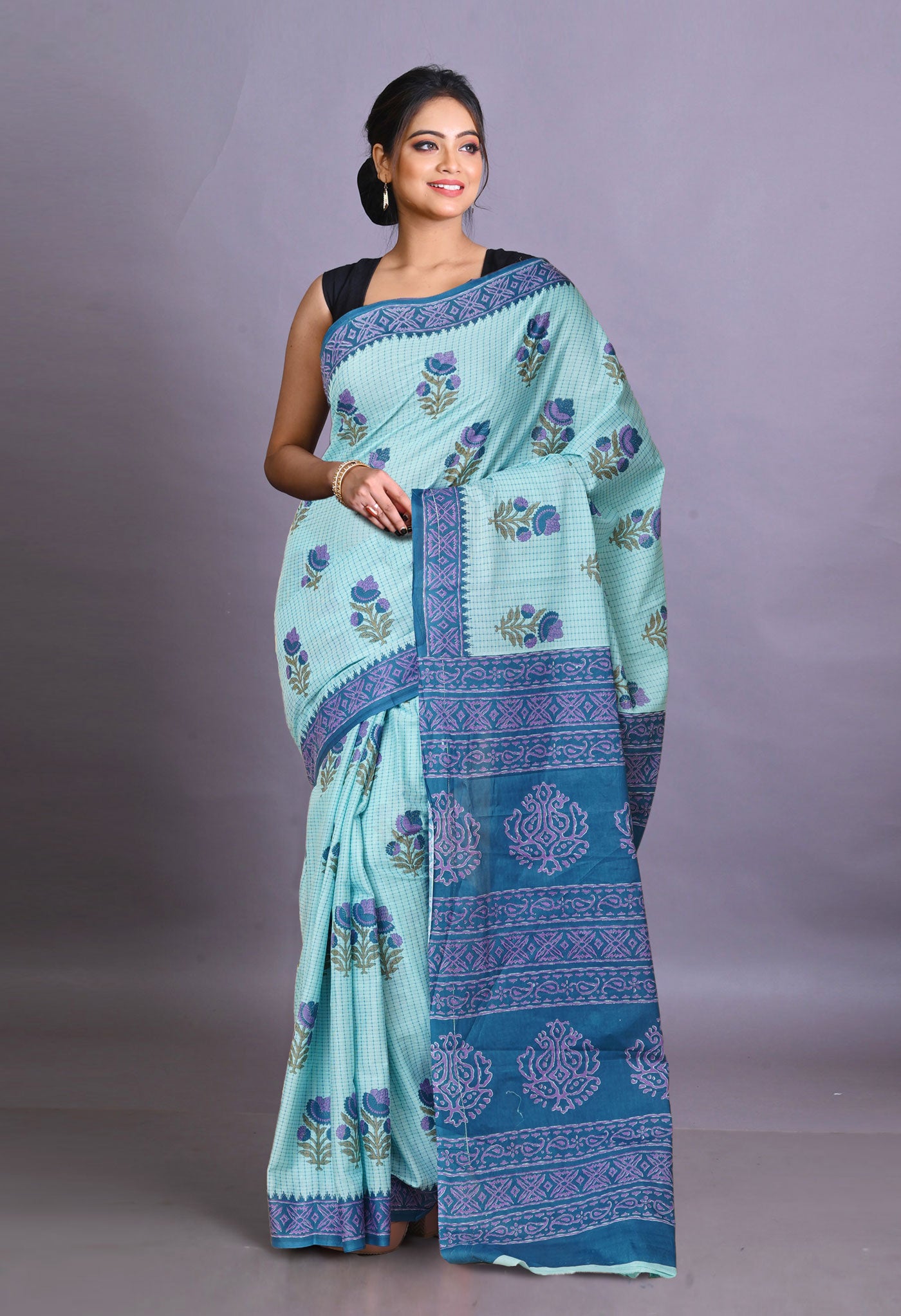 Blue Pure Hand Block Printed Soft Cotton Saree