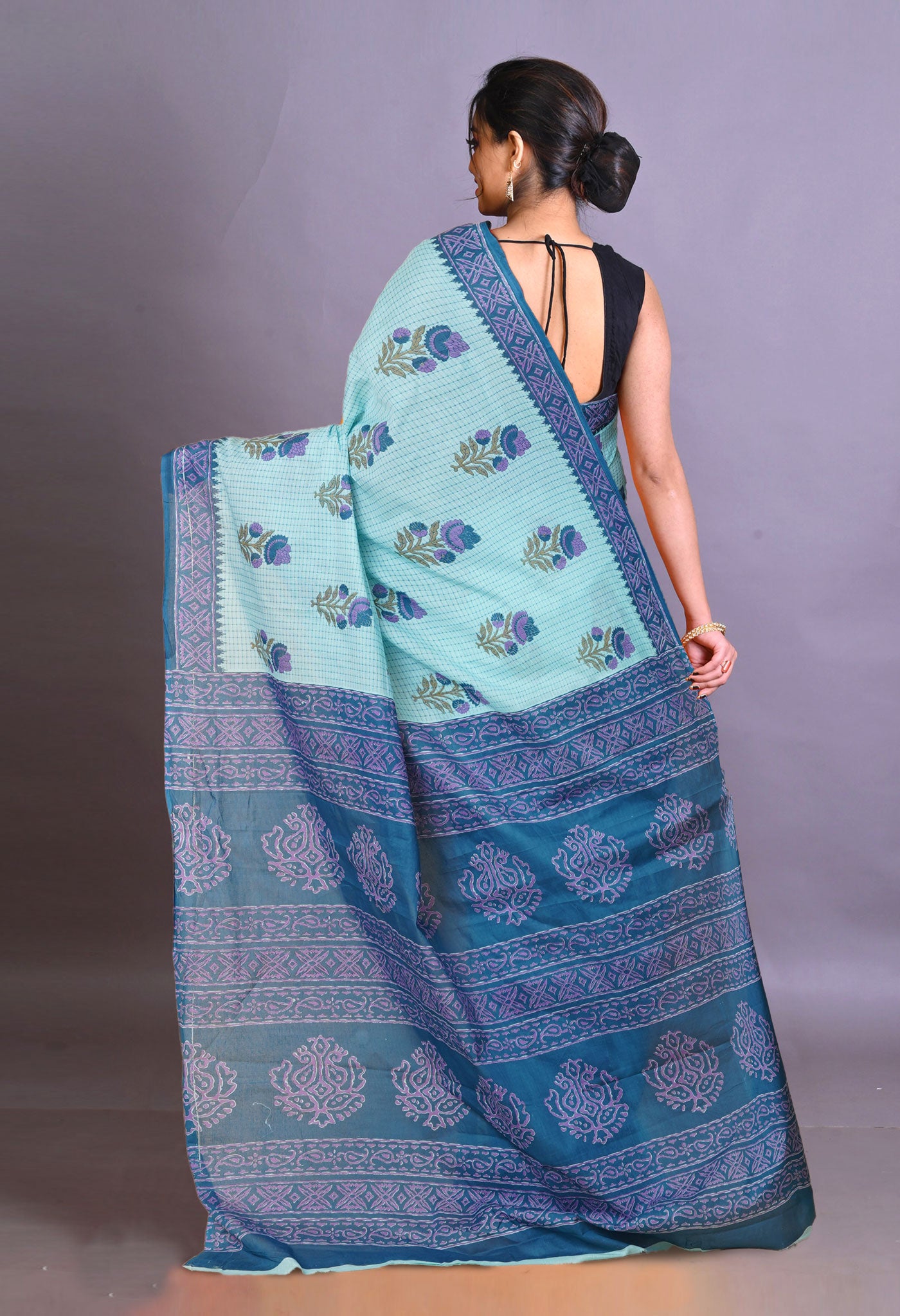 Blue Pure Hand Block Printed Soft Cotton Saree-UNM79340