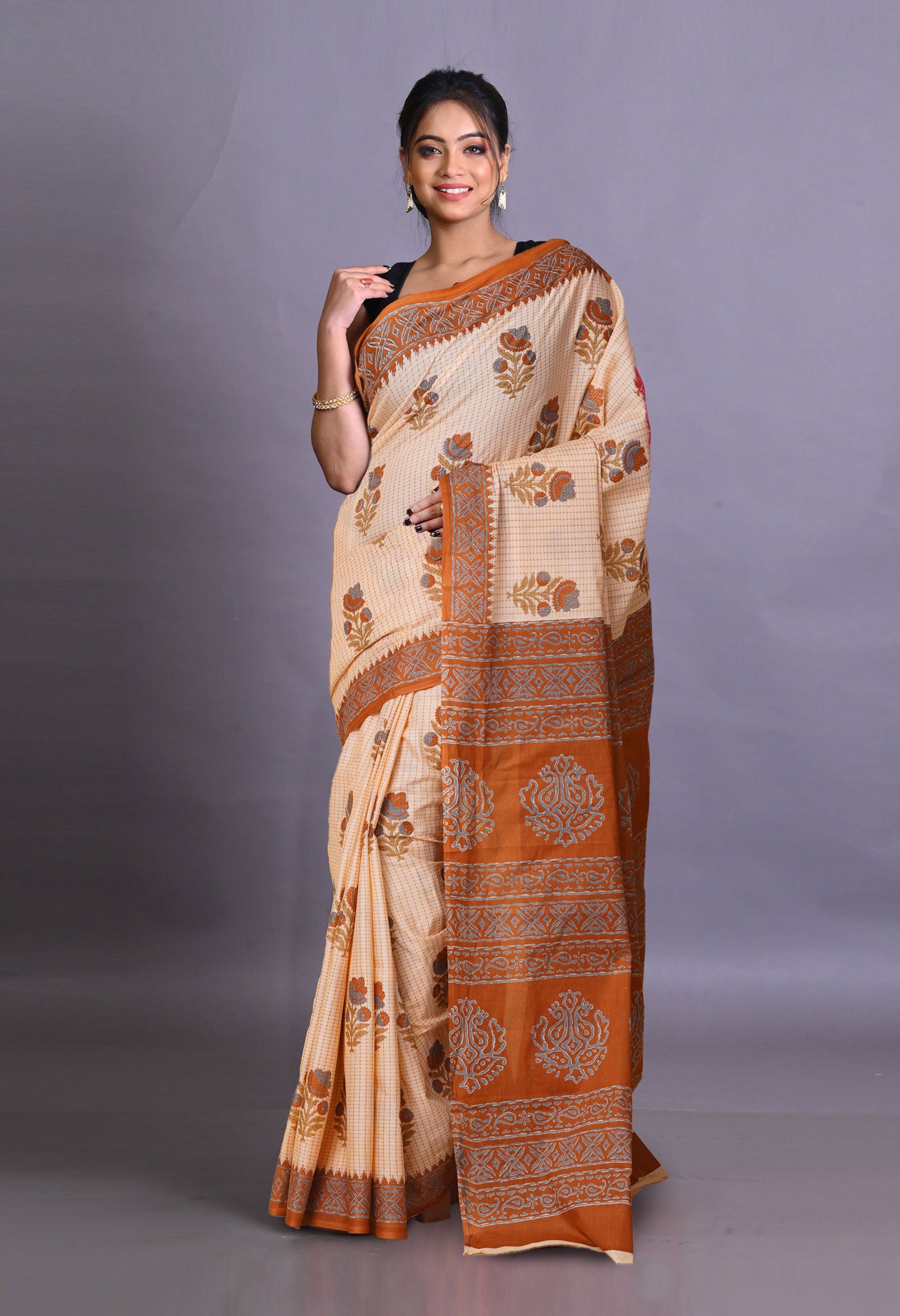 Orange Pure Hand Block Printed Soft Cotton Saree