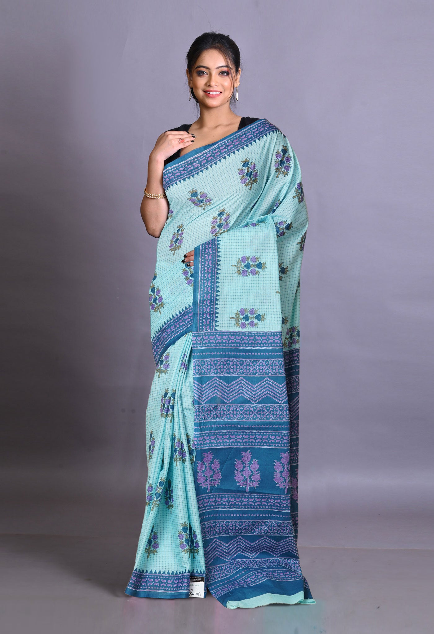 Blue Pure Hand Block Printed Soft Cotton Saree-UNM79344