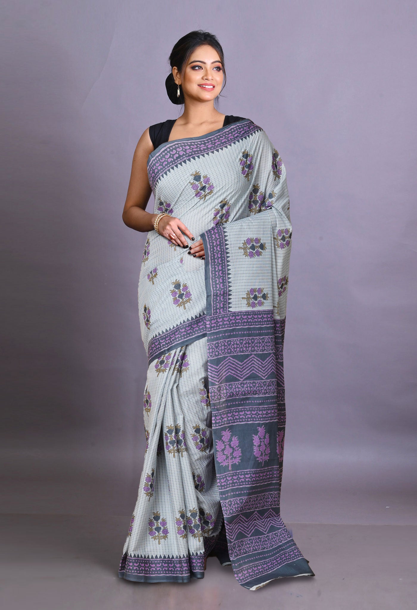 Grey Pure Hand Block Printed Soft Cotton Saree-UNM79346