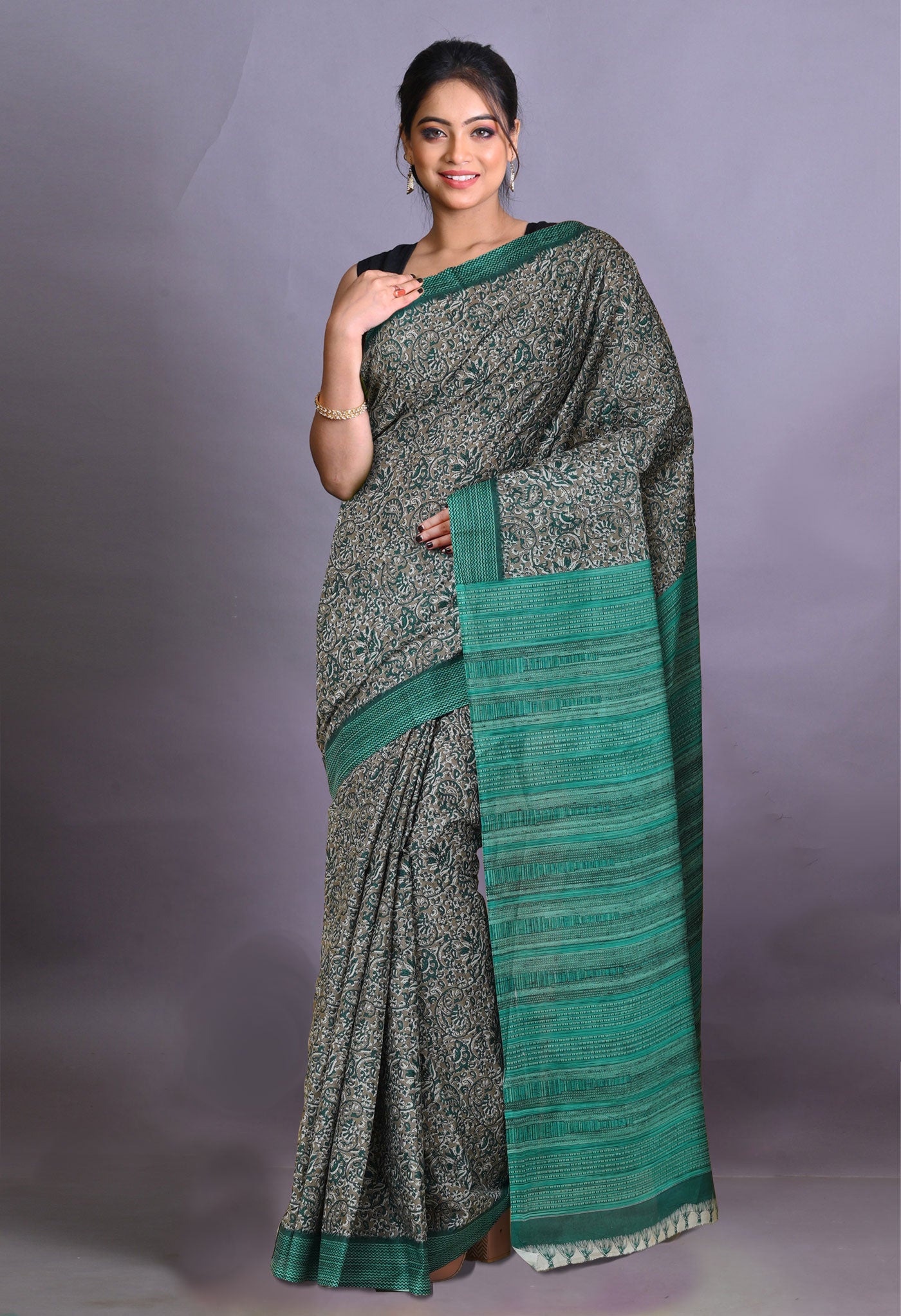 Brown-Green Pure Hand Block Printed Soft Cotton Saree