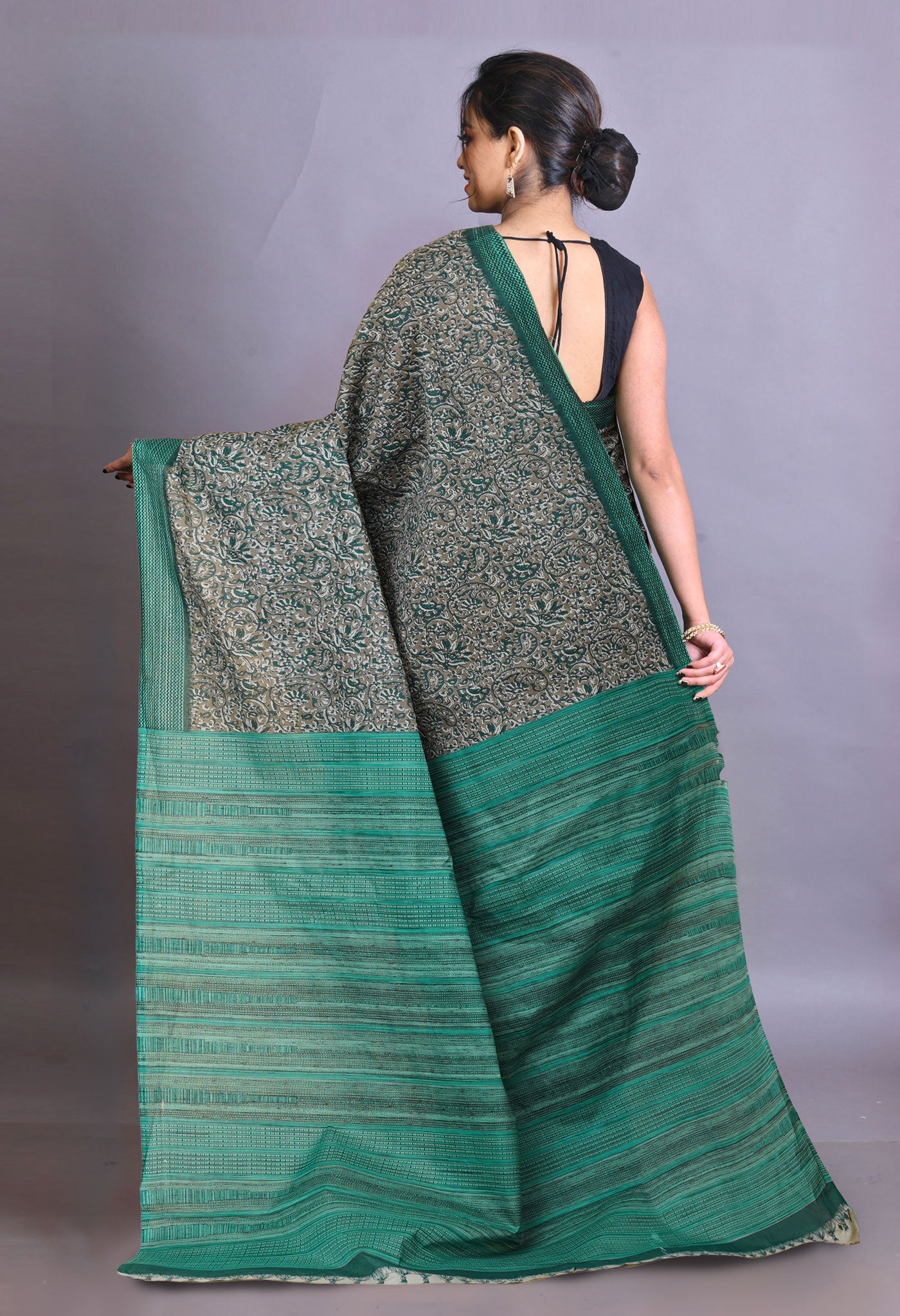 Brown-Green Pure Hand Block Printed Soft Cotton Saree-UNM79347