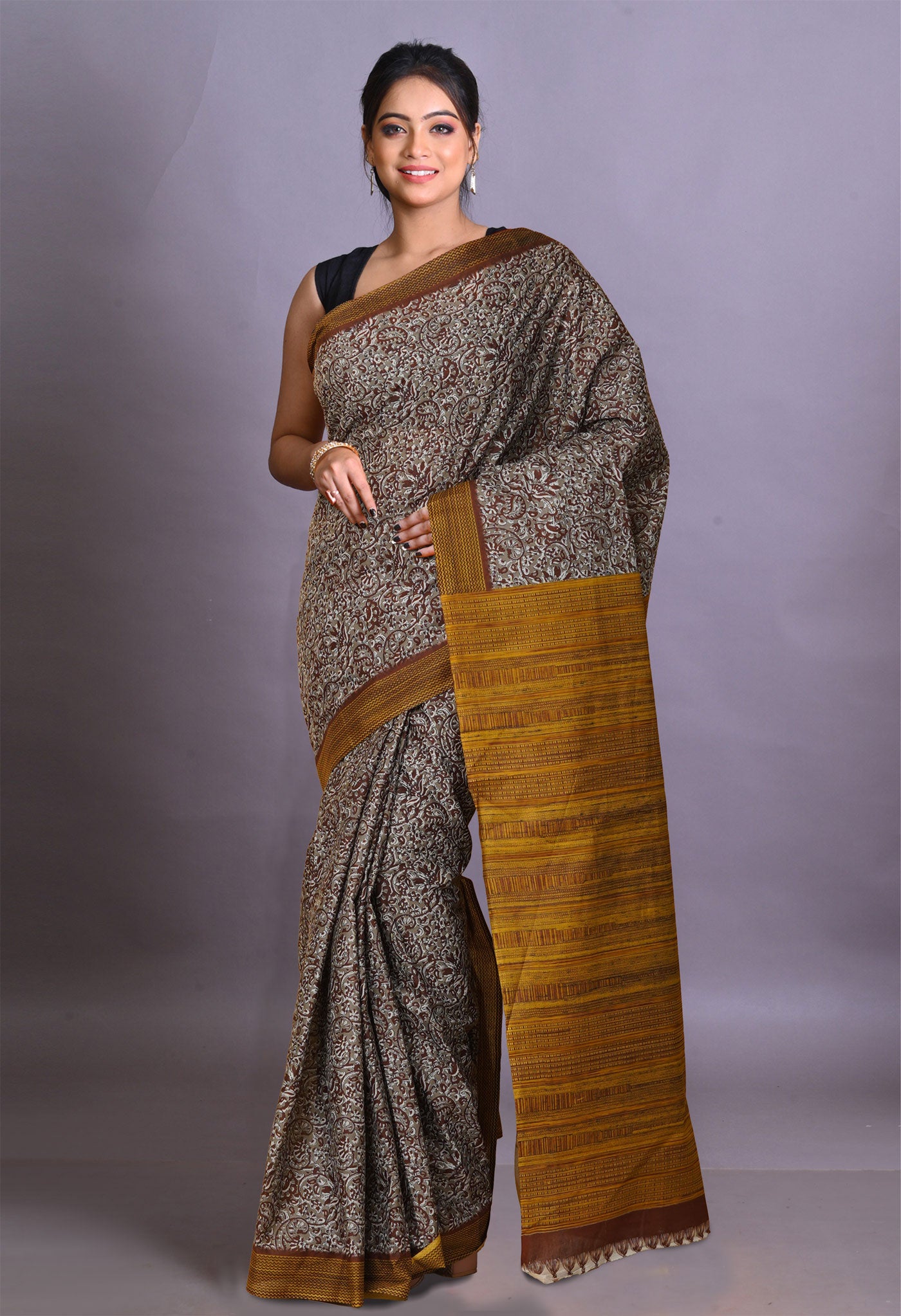 Brown-Yellow Pure Hand Block Printed Soft Cotton Saree