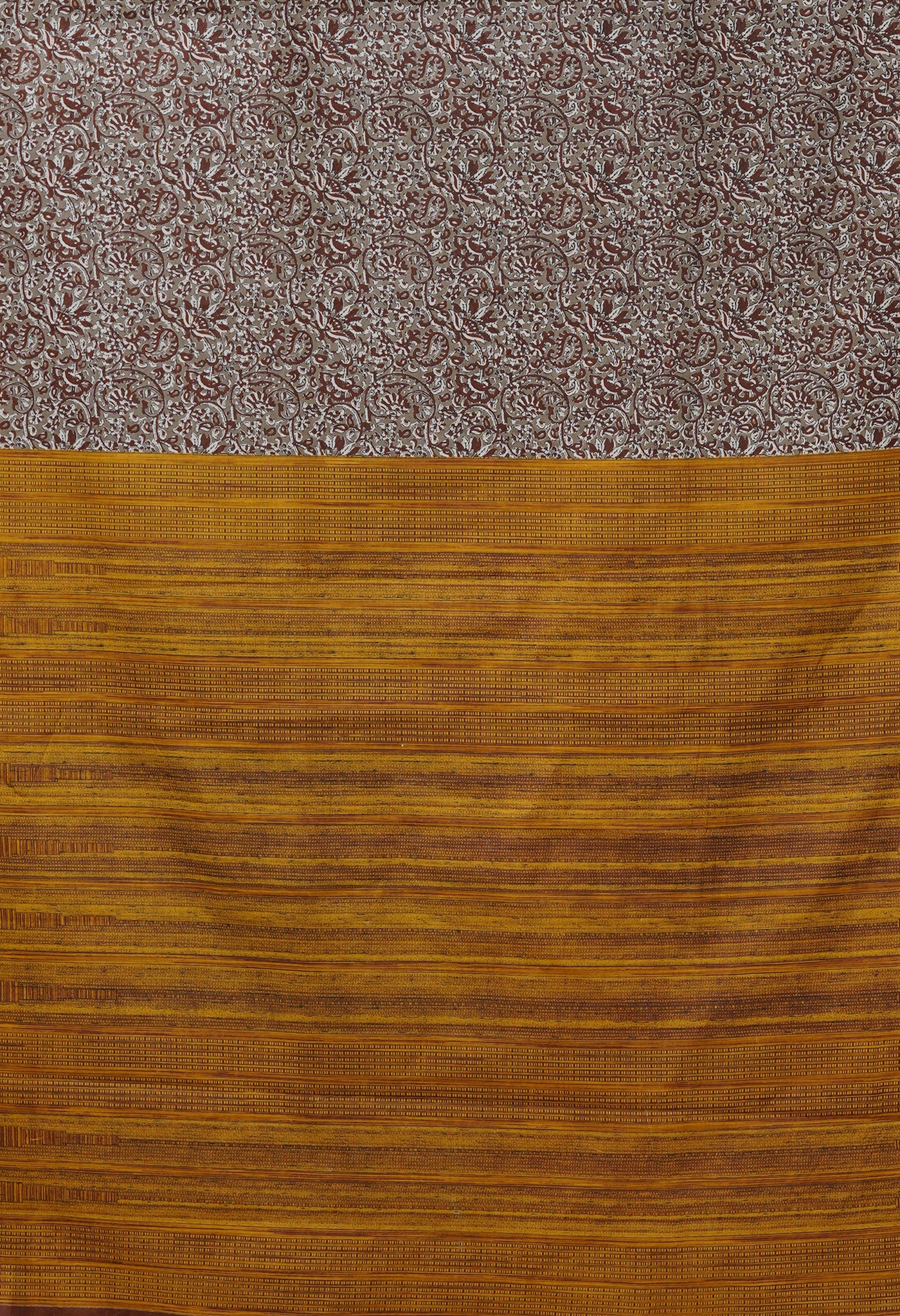 Brown-Yellow Pure Hand Block Printed Soft Cotton Saree