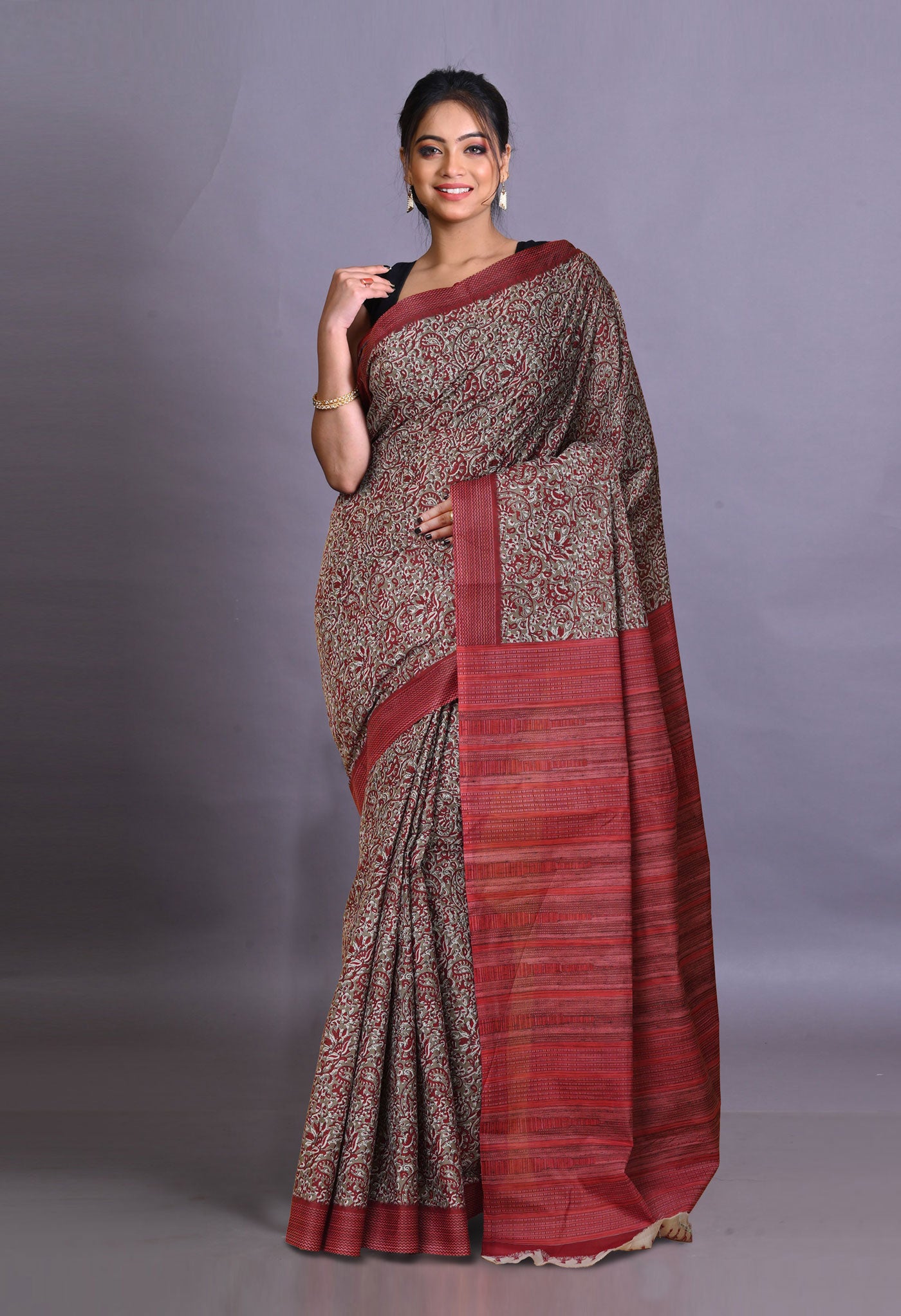 Brown-Red Pure Hand Block Printed Soft Cotton Saree