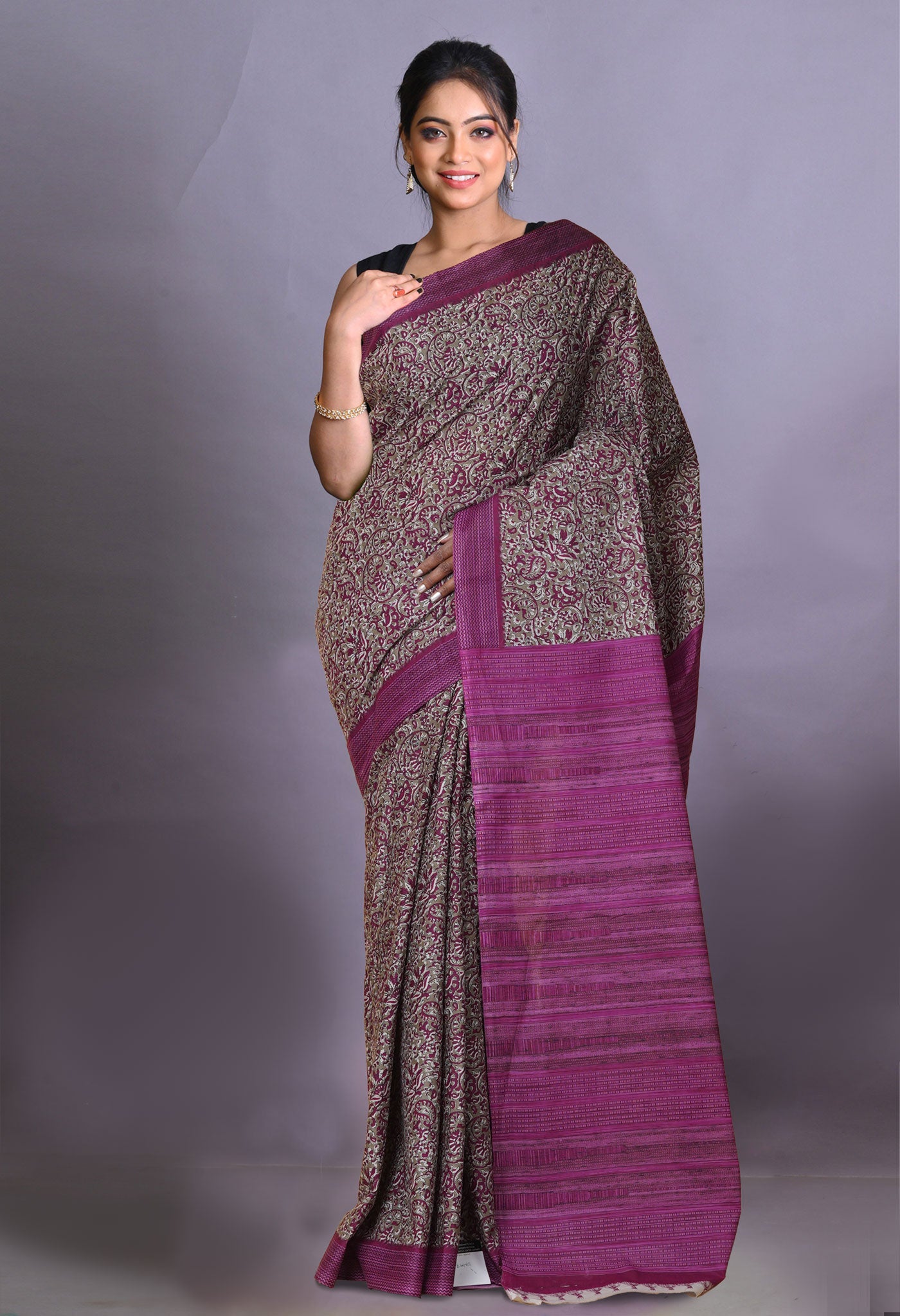 Brown-Pink Pure Hand Block Printed Soft Cotton Saree