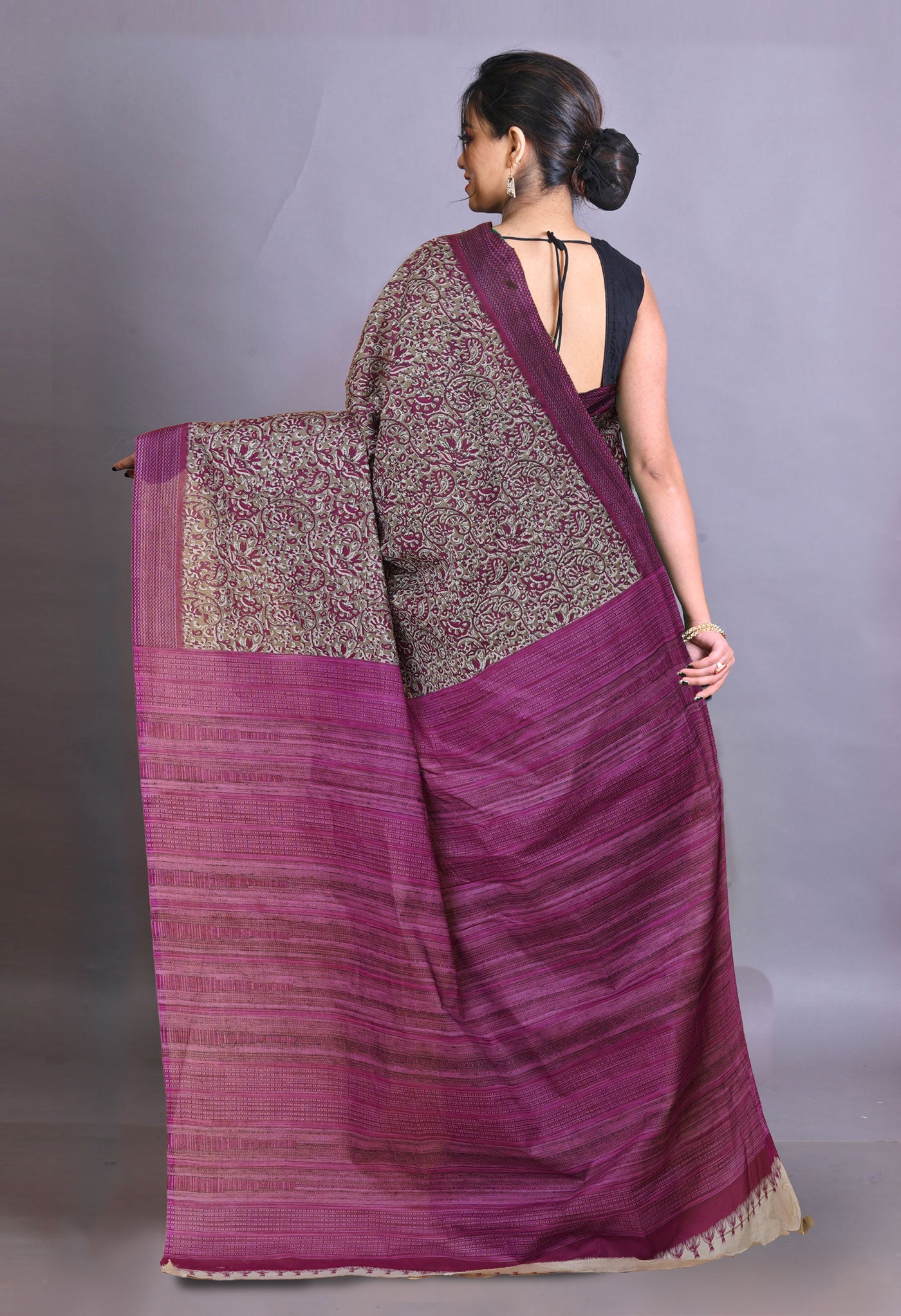 Brown-Pink Pure Hand Block Printed Soft Cotton Saree-UNM79350