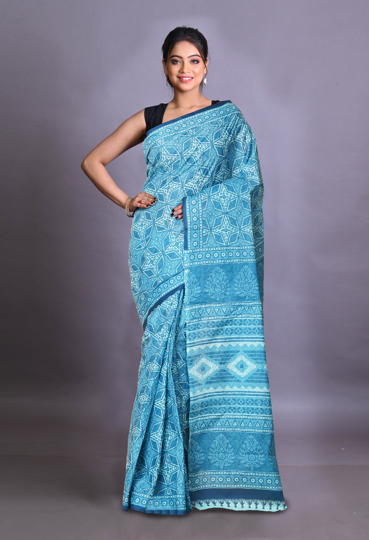 Blue Pure Hand Block Printed Soft Cotton Saree-UNM79352