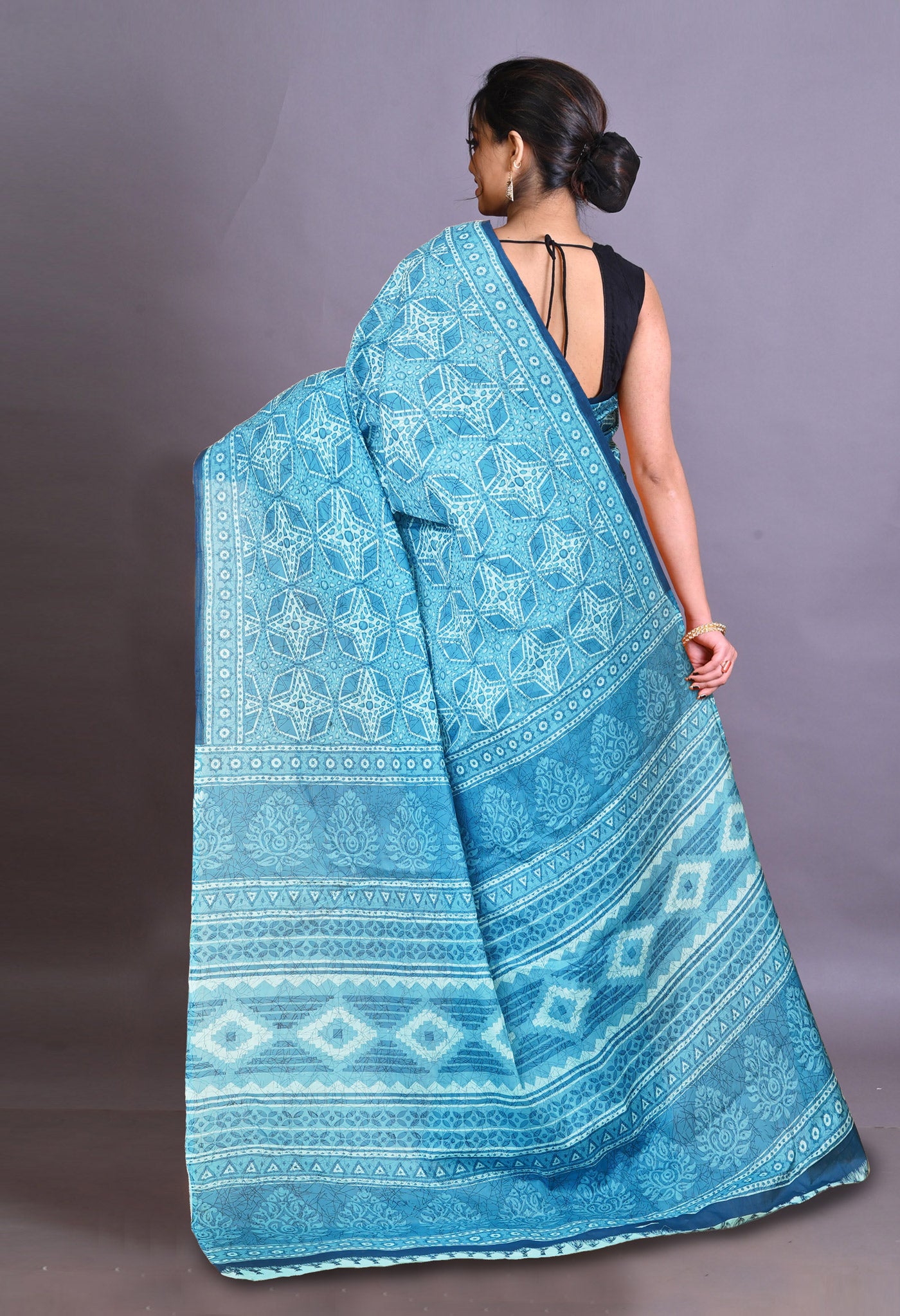 Blue Pure Hand Block Printed Soft Cotton Saree