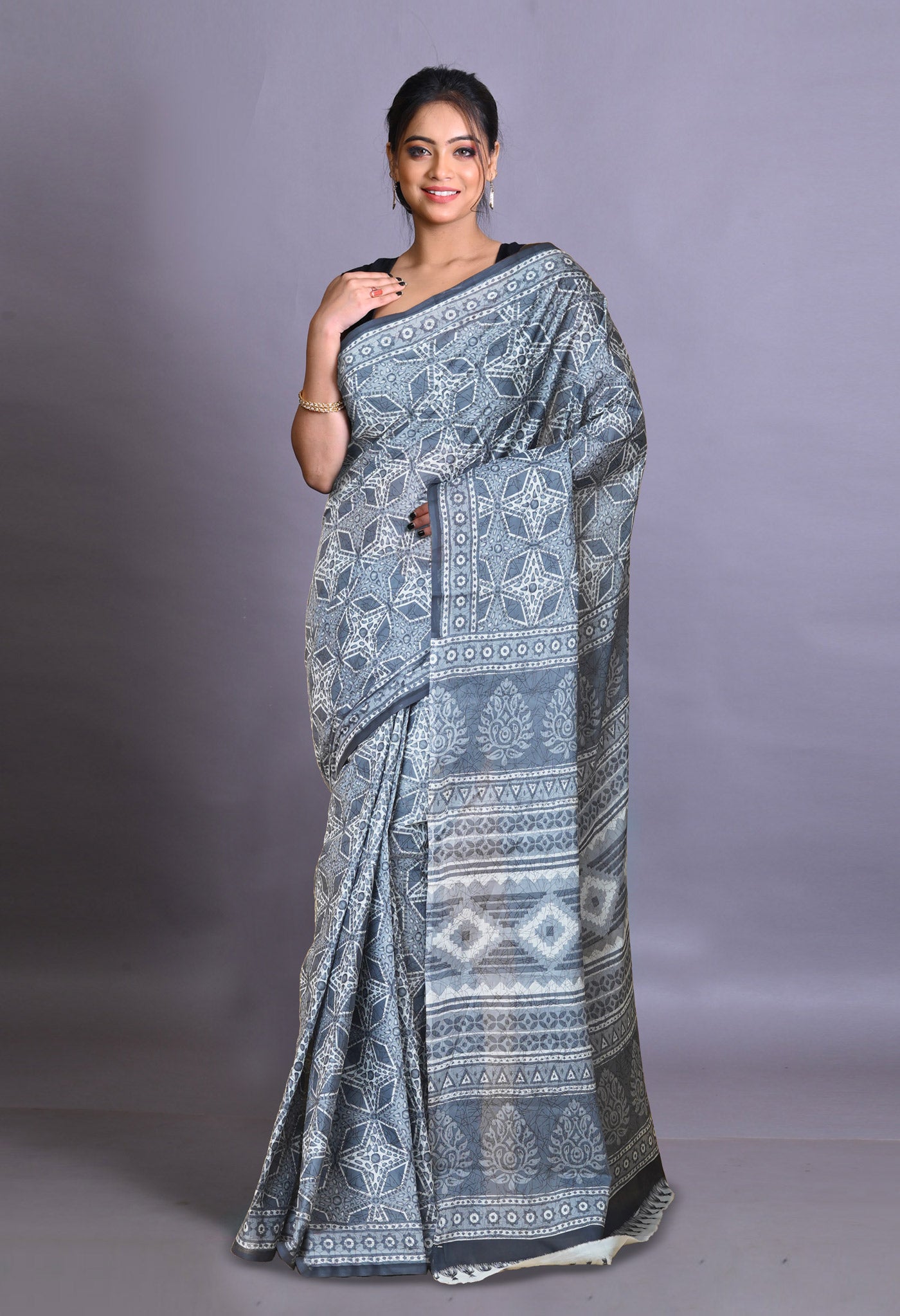 Grey Pure Hand Block Printed Soft Cotton Saree-UNM79353