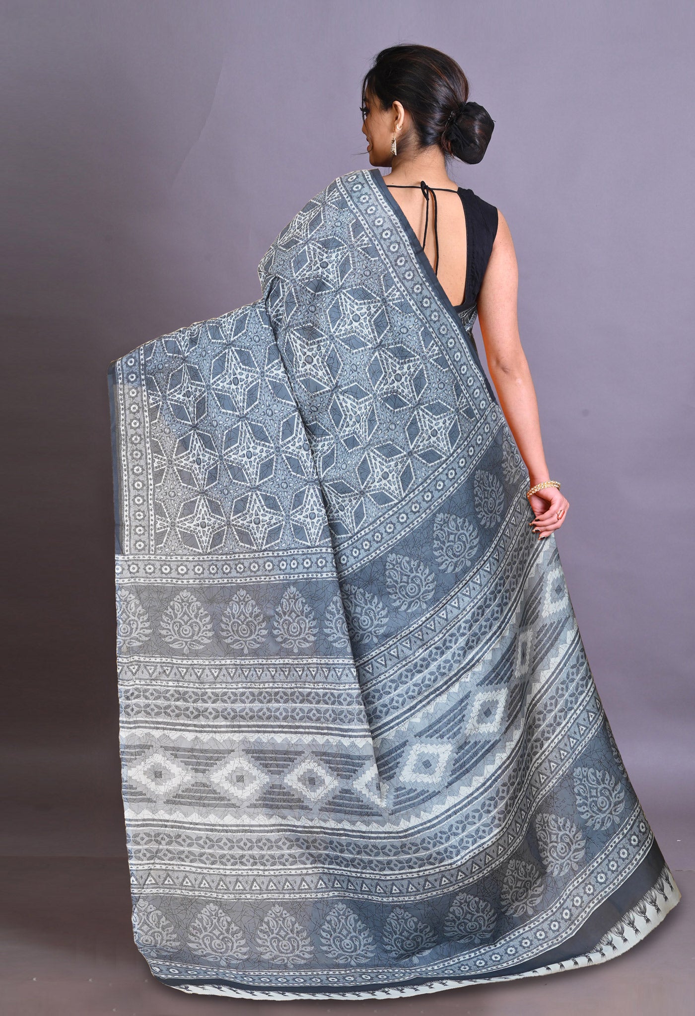 Grey Pure Hand Block Printed Soft Cotton Saree-UNM79353