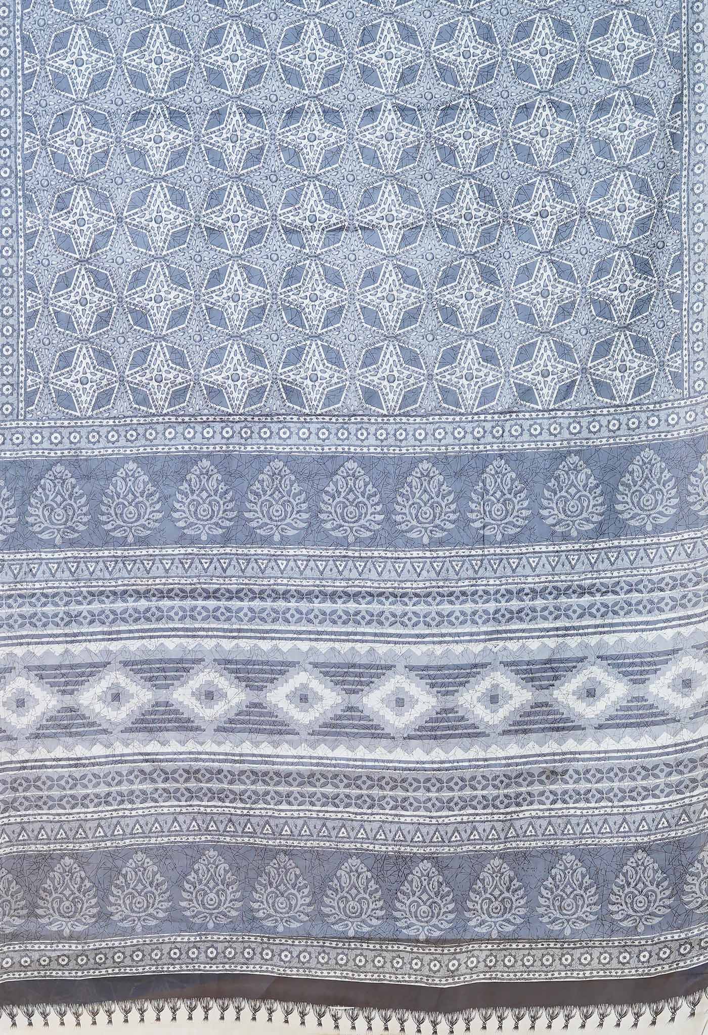 Grey Pure Hand Block Printed Soft Cotton Saree