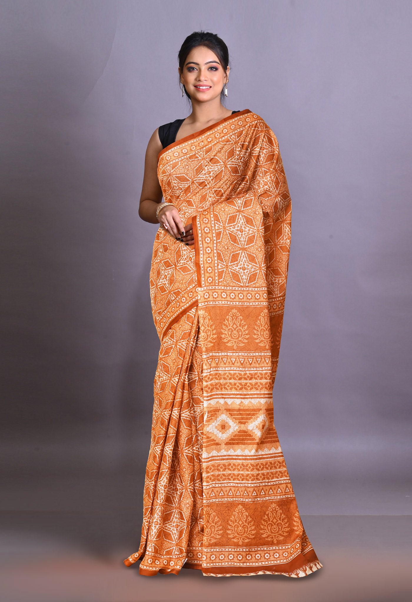 Orange Pure Hand Block Printed Soft Cotton Saree