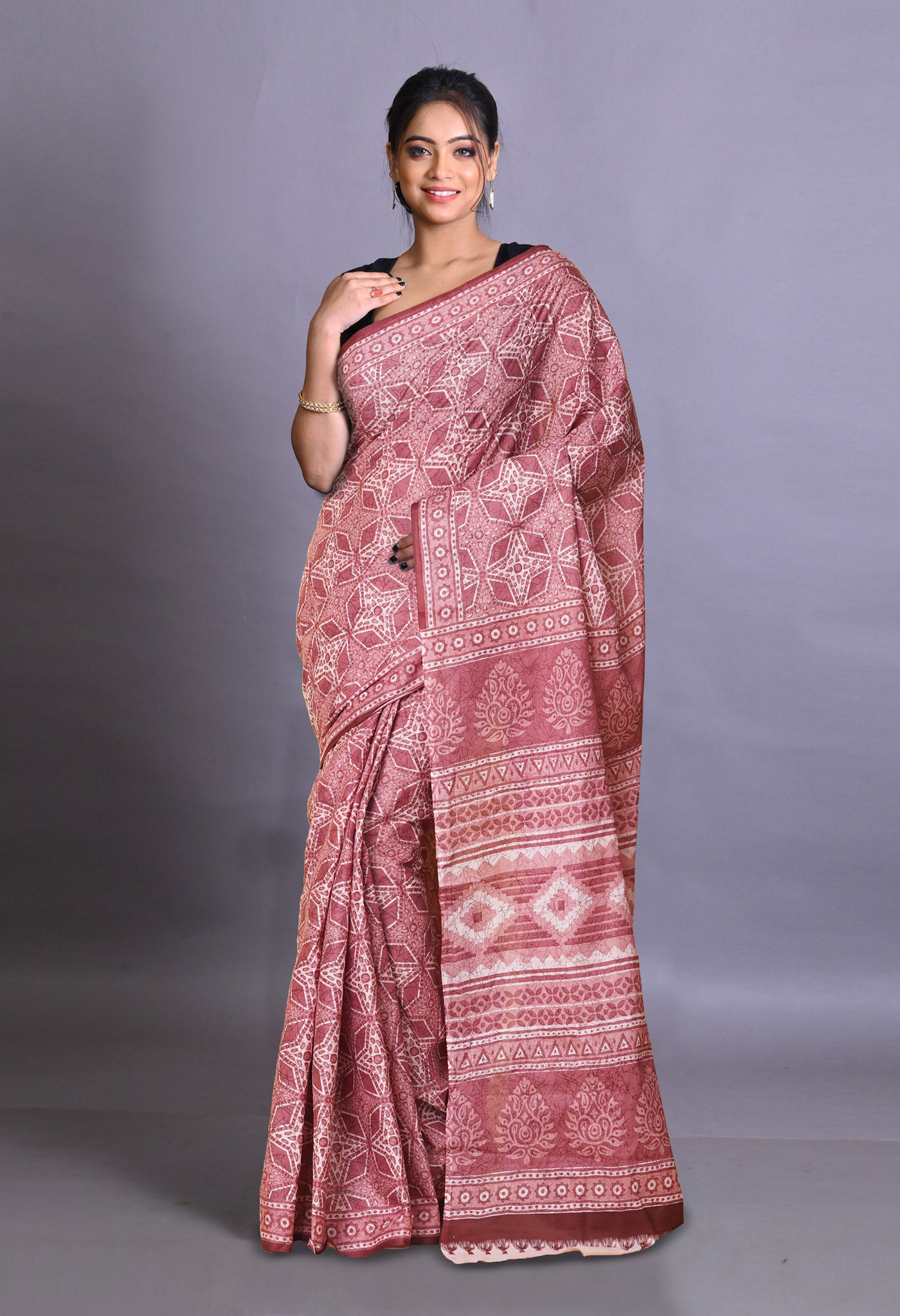 Pink Pure Hand Block Printed Soft Cotton Saree