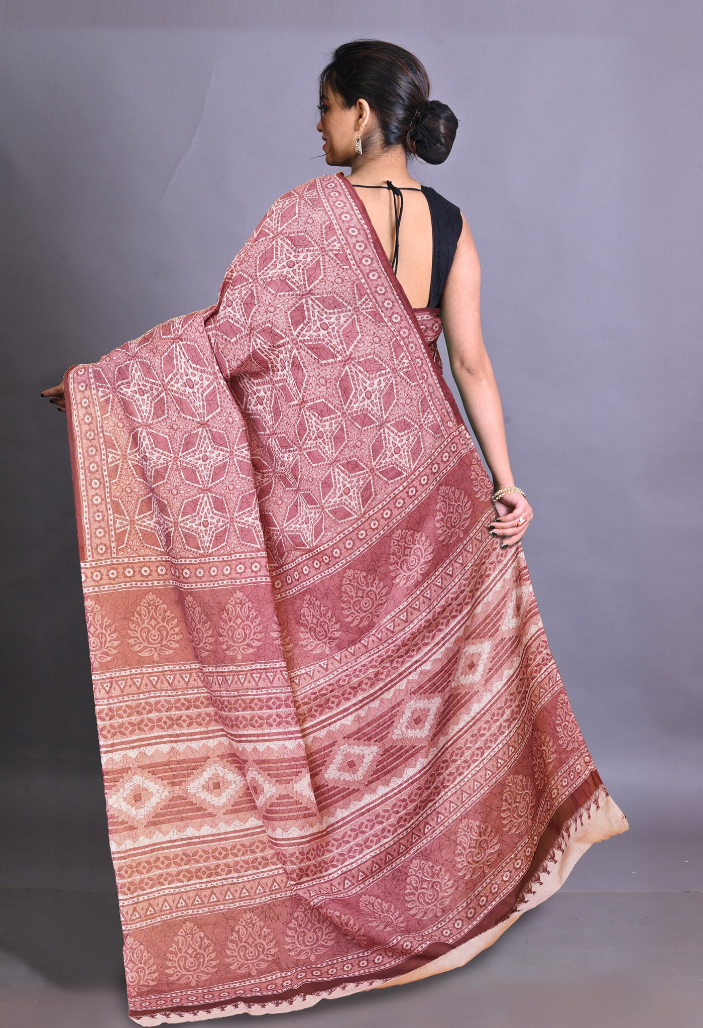 Pink Pure Hand Block Printed Soft Cotton Saree-UNM79355