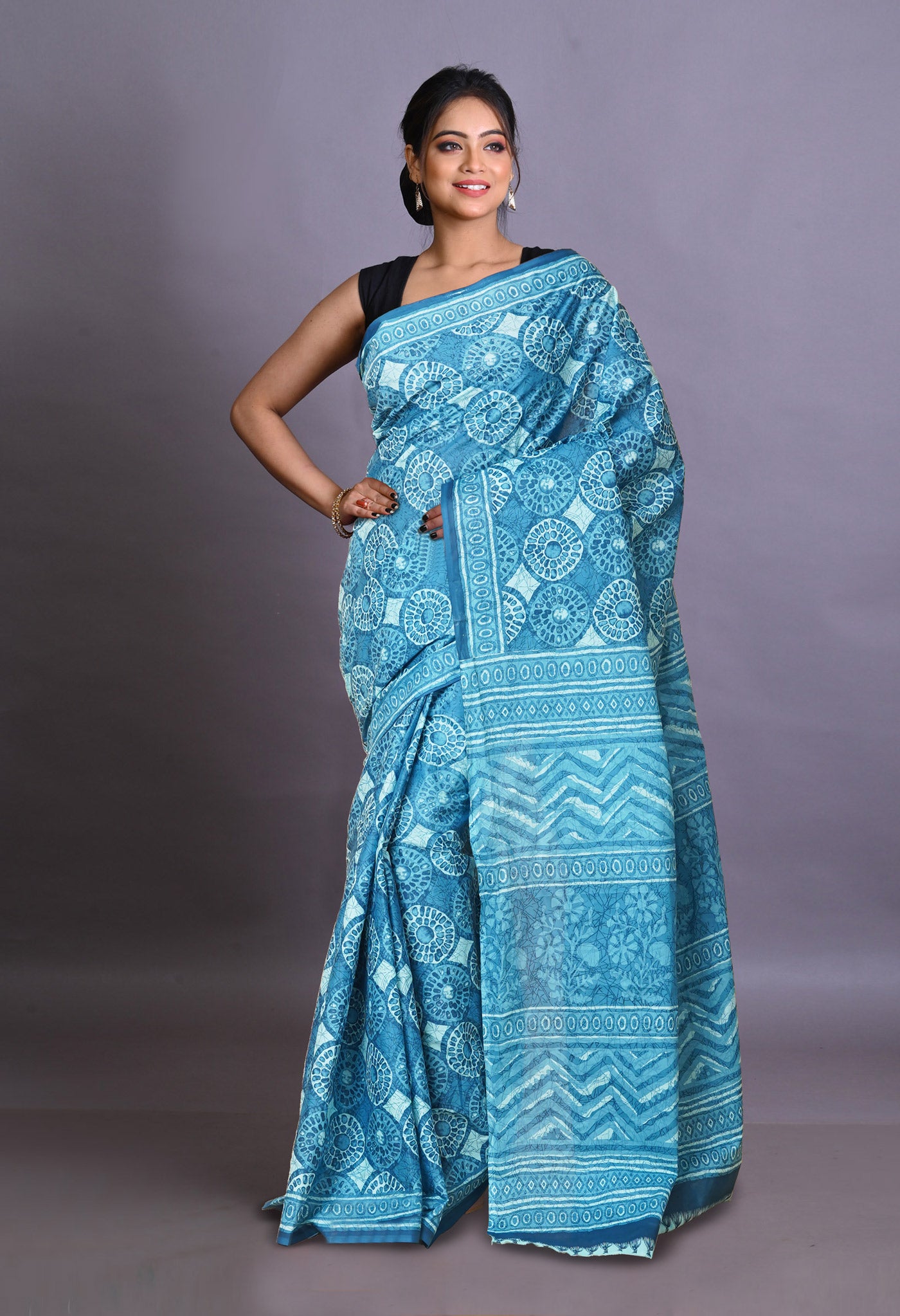 Blue Pure Hand Block Printed Soft Cotton Saree-UNM79356