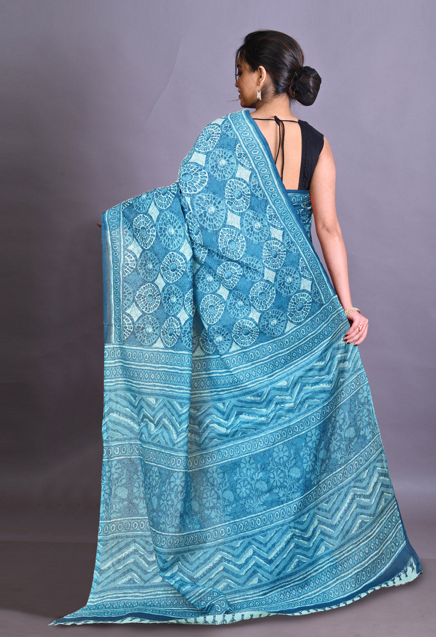 Blue Pure Hand Block Printed Soft Cotton Saree-UNM79356