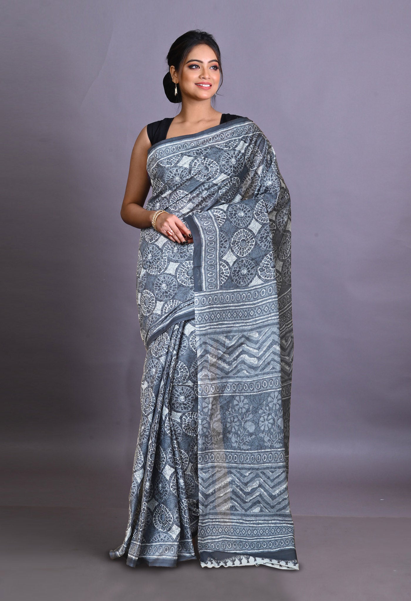 Grey Pure Hand Block Printed Soft Cotton Saree-UNM79357