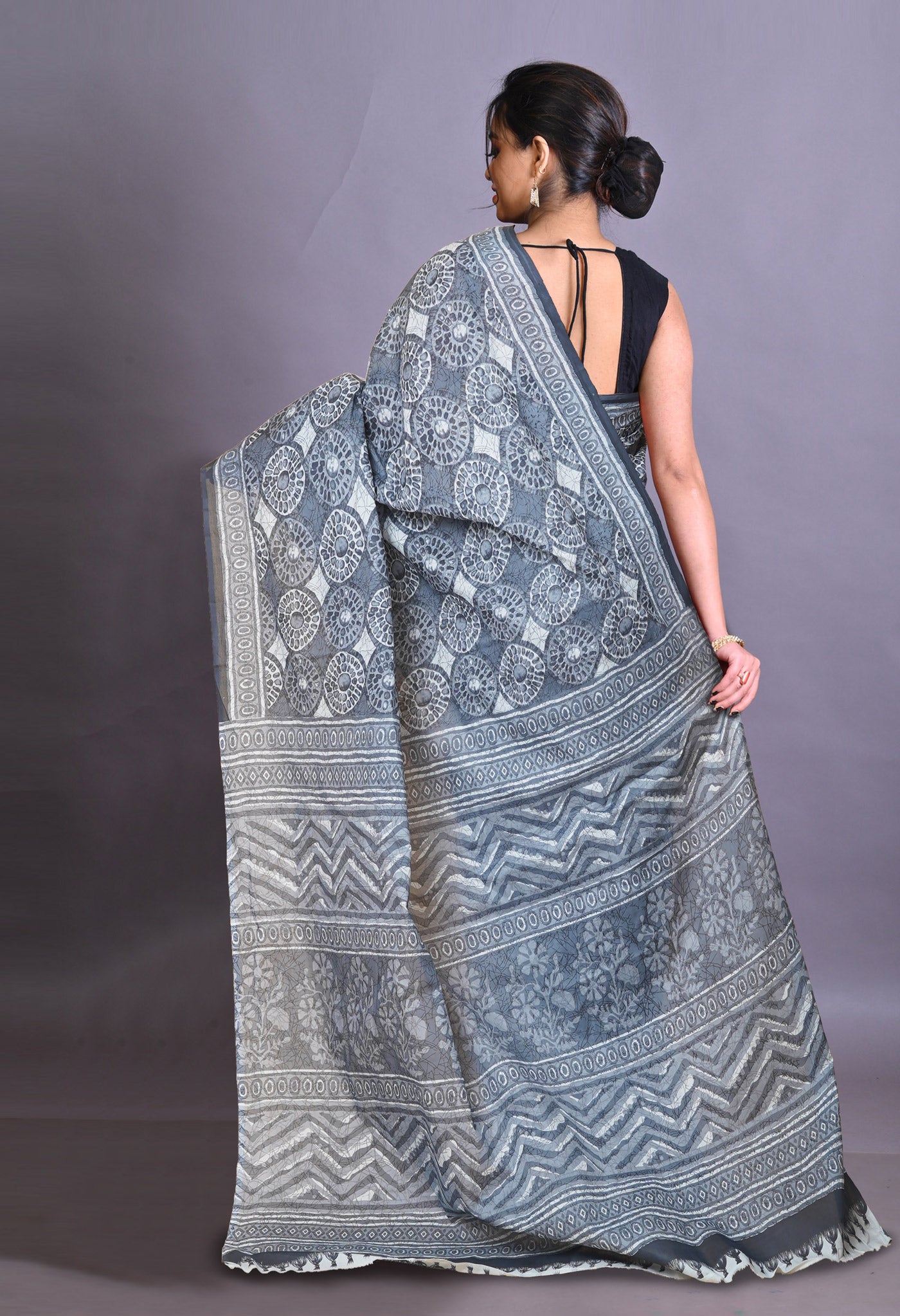 Grey Pure Hand Block Printed Soft Cotton Saree-UNM79357