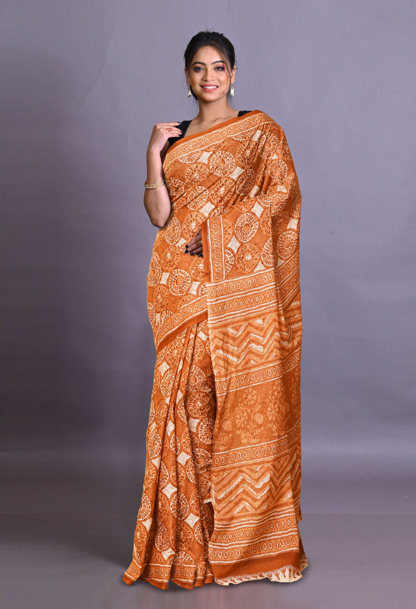 Orange Pure Hand Block Printed Soft Cotton Saree