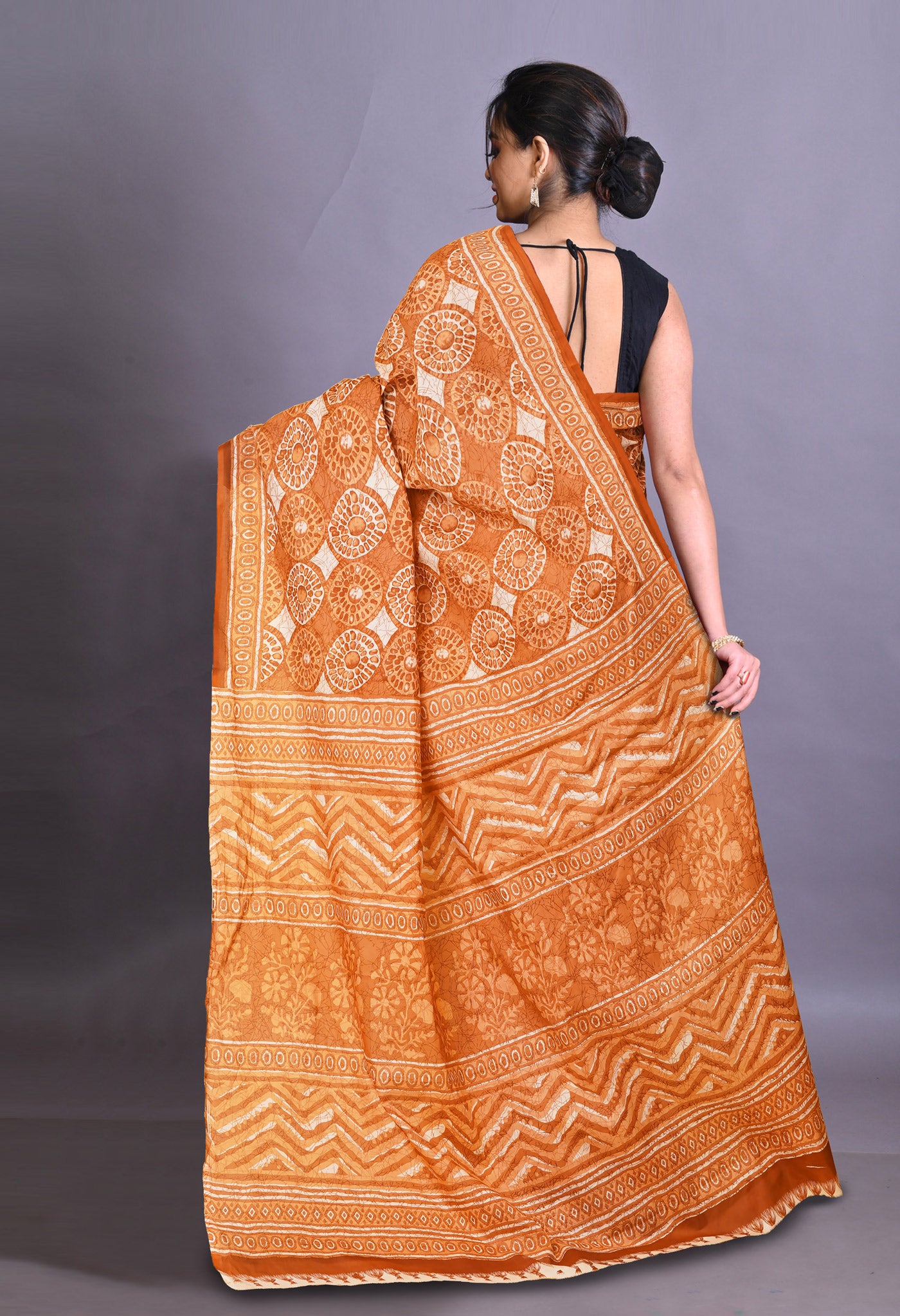 Orange Pure Hand Block Printed Soft Cotton Saree-UNM79358