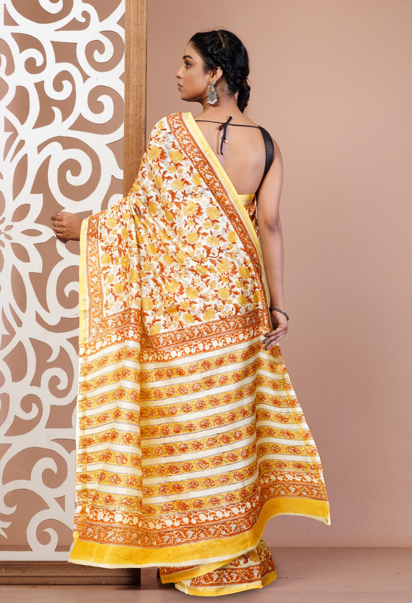 Cream Pure Hand Block Printed Chanderi Sico Saree