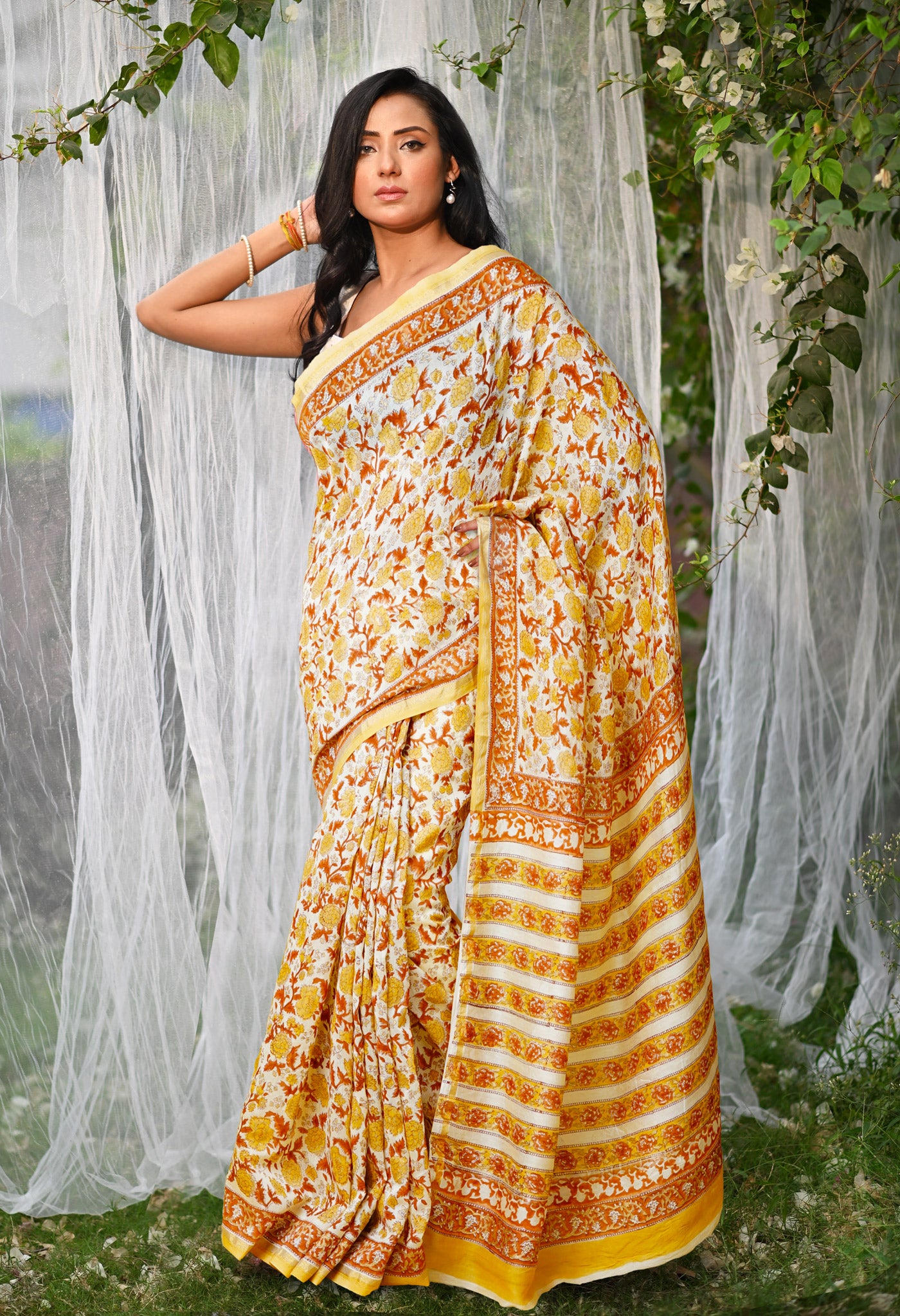 Cream Pure Hand Block Printed Chanderi Sico Saree-UNM79359