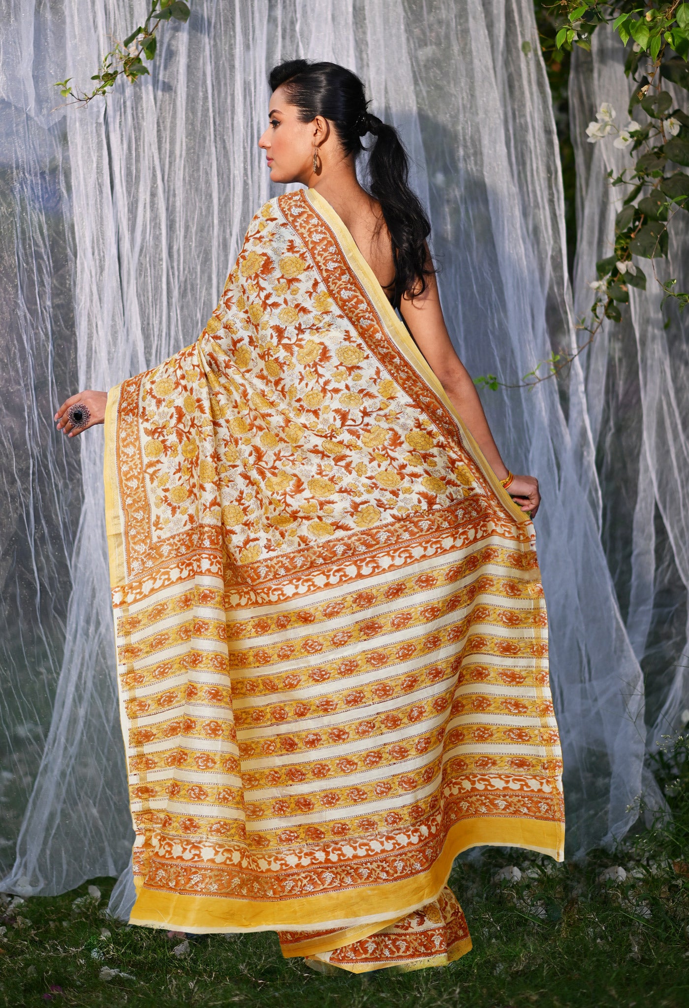 Cream Pure Hand Block Printed Chanderi Sico Saree-UNM79359