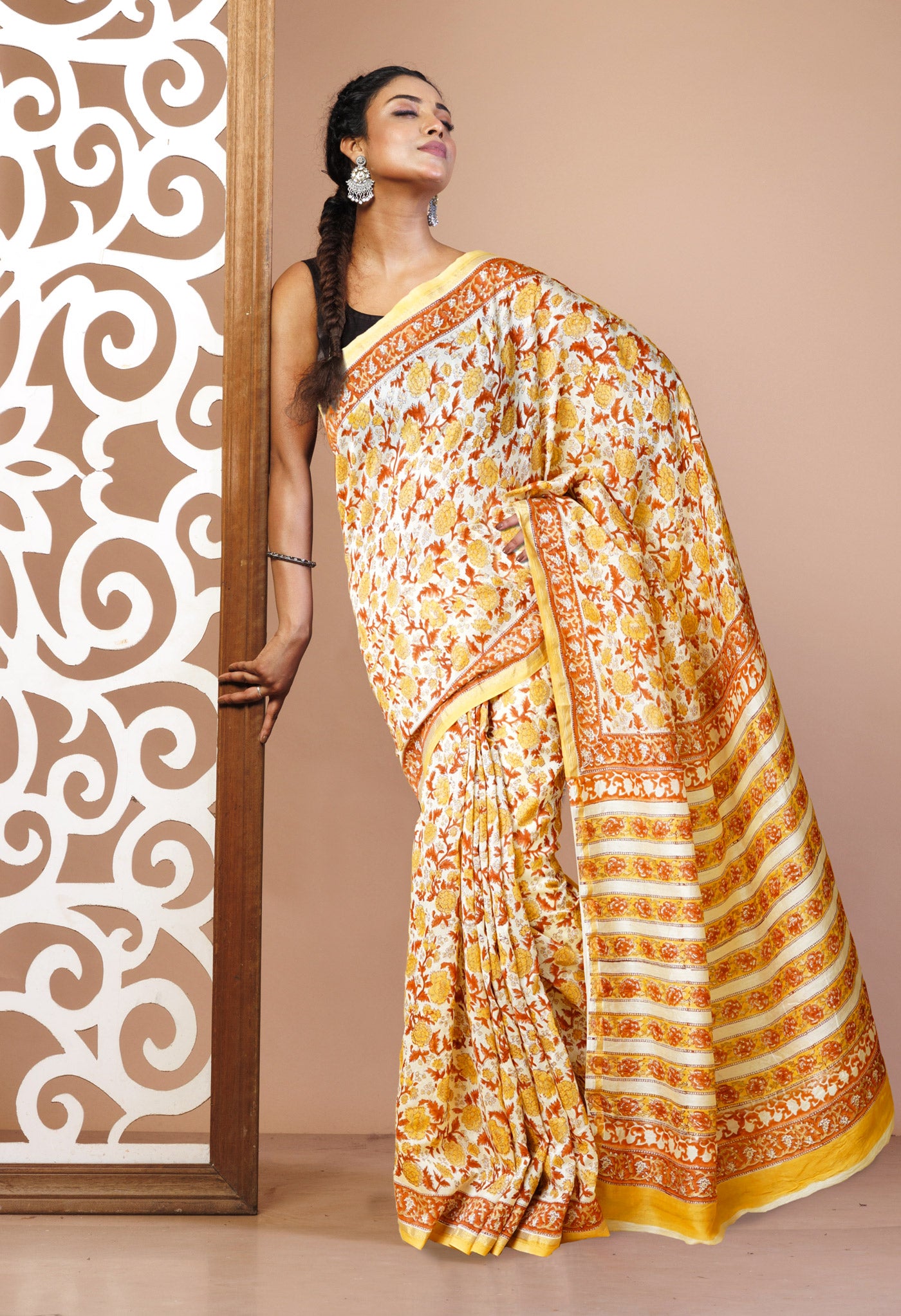 Cream Pure Hand Block Printed Chanderi Sico Saree