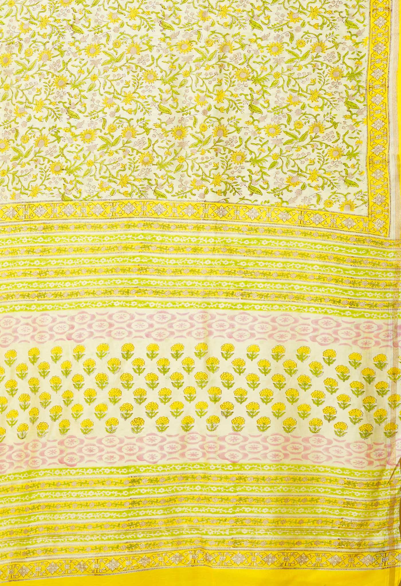 Yellow Pure Hand Block Printed Chanderi Sico Saree