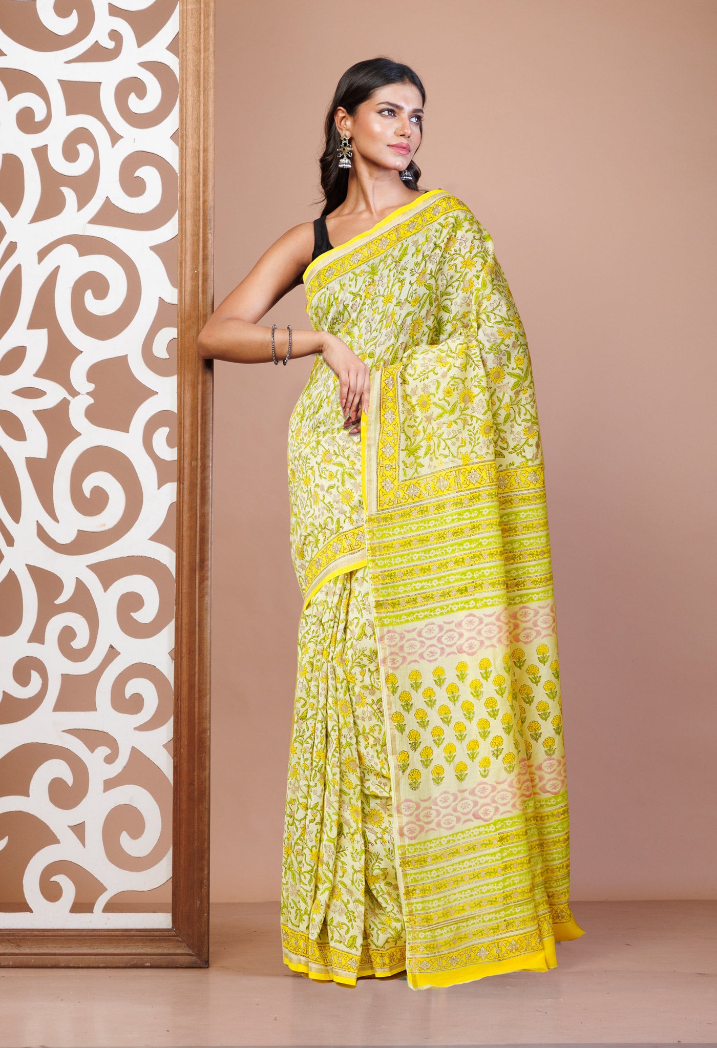 Yellow Pure Hand Block Printed Chanderi Sico Saree