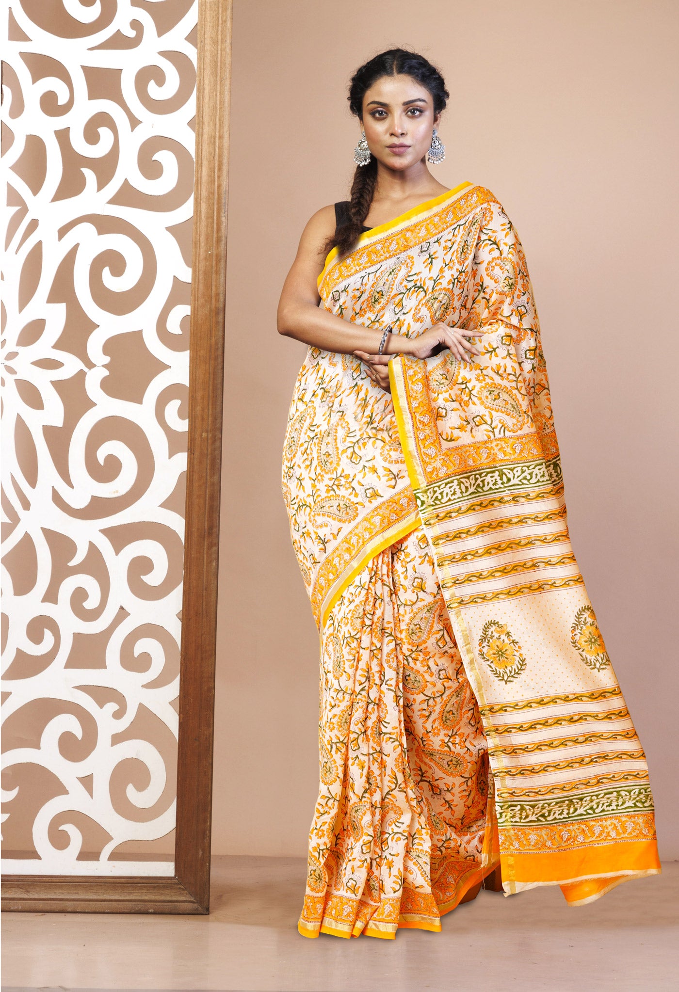 Orange Pure Hand Block Printed Chanderi Sico Saree