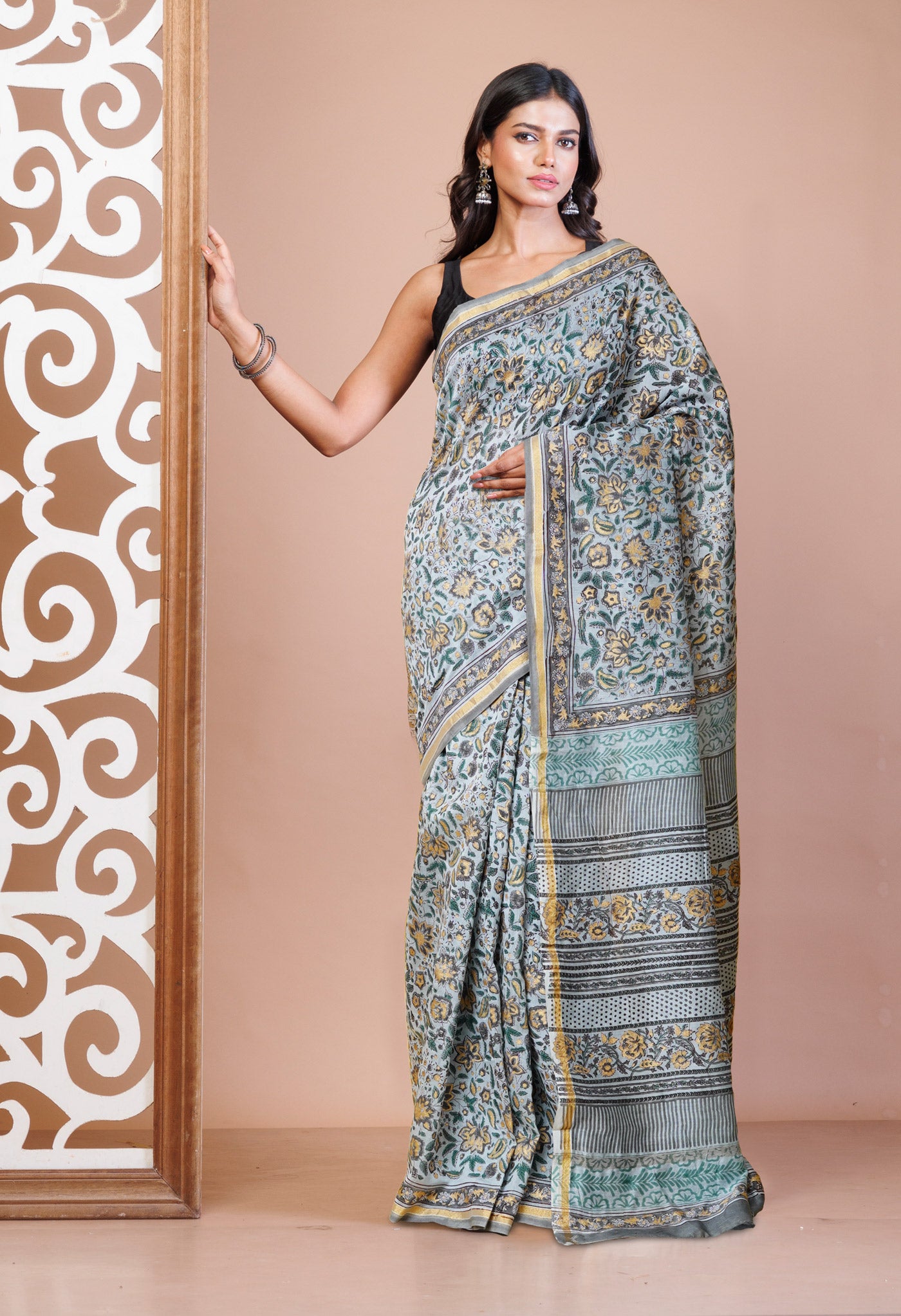 Grey Pure Hand Block Printed Chanderi Sico Saree