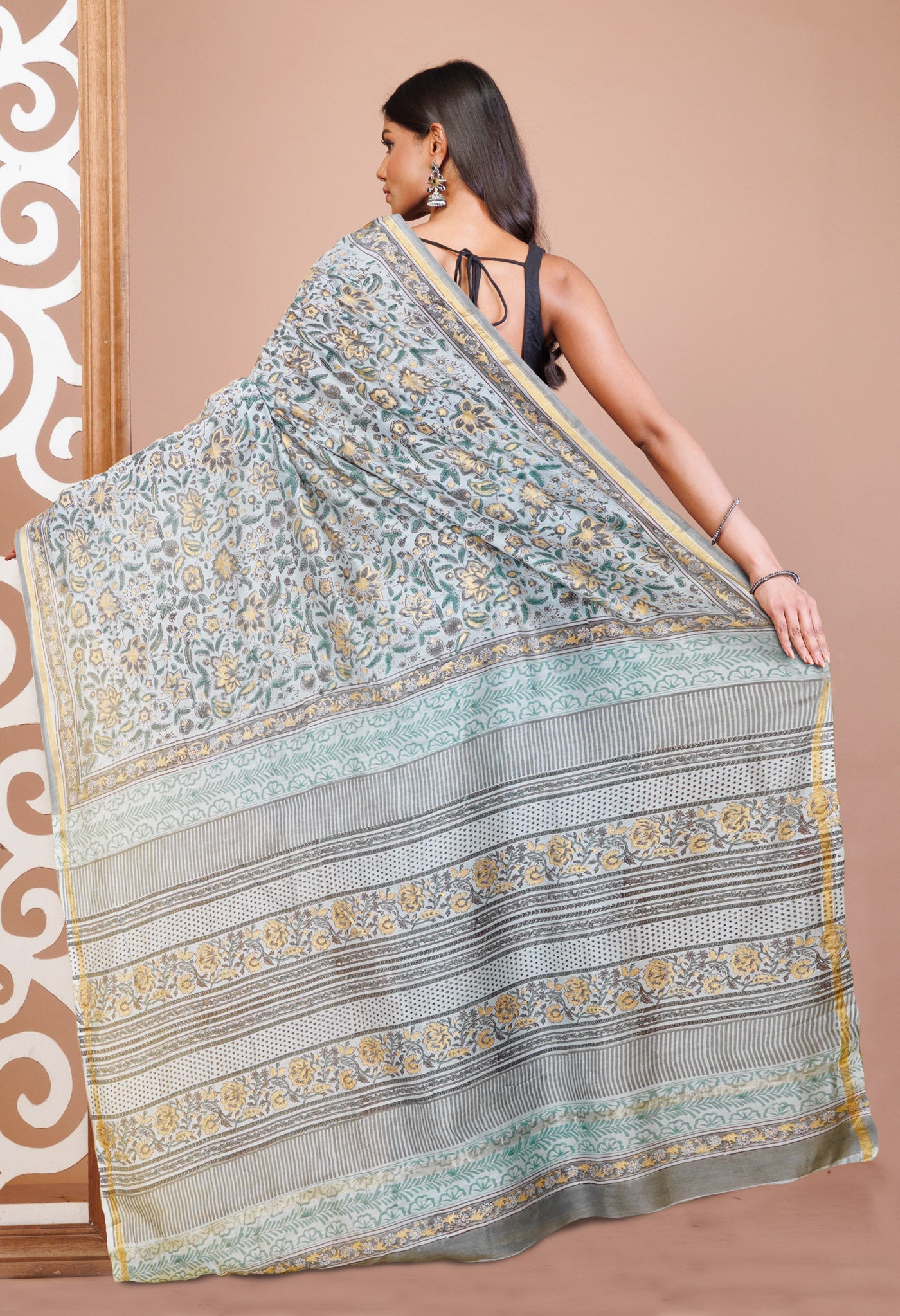 Grey Pure Hand Block Printed Chanderi Sico Saree