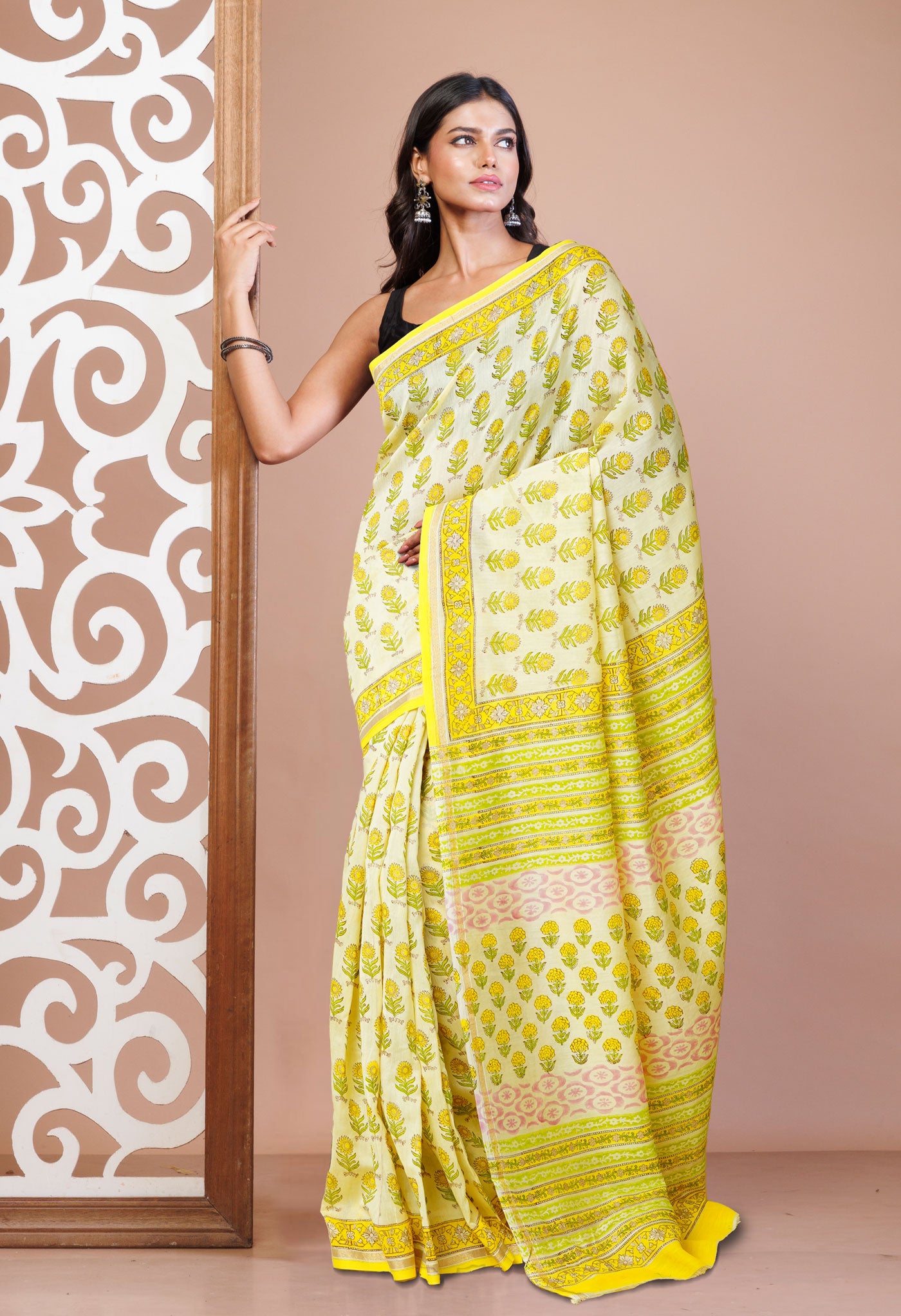 Yellow Pure Hand Block Printed Chanderi Sico Saree